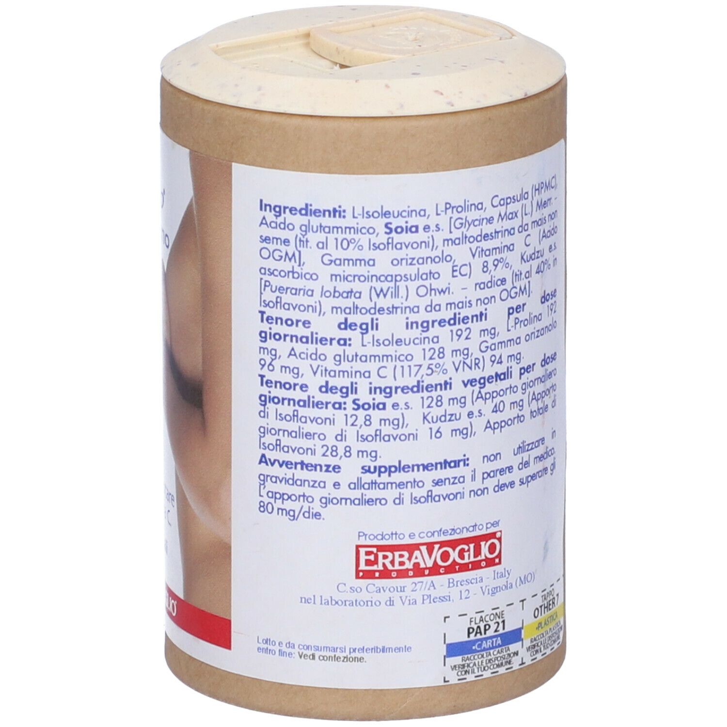 Barattolo cilindrico con coperchio. Lato con ingredienti. Contiene 60 capsule. Marchio: ErbaVoglio.