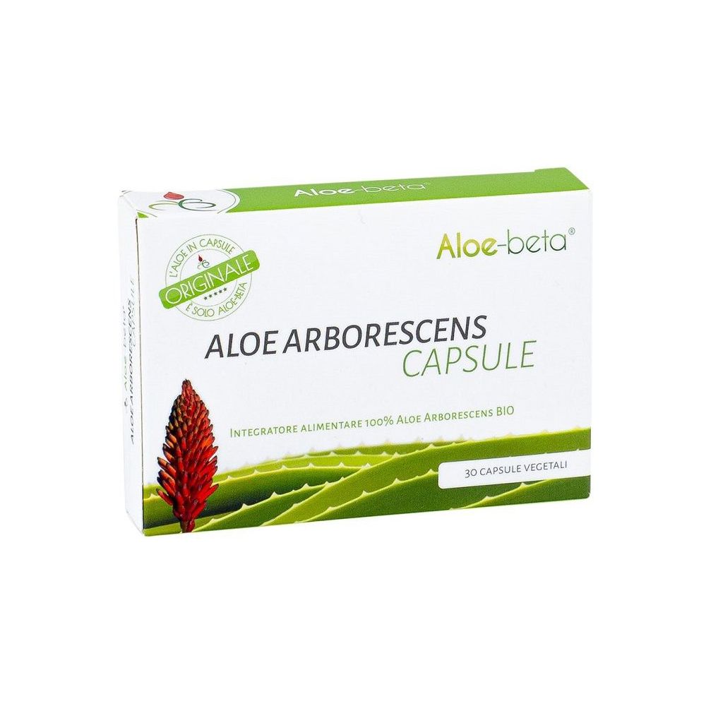 Scatola bianca Aloe Arborescens Capsule. Scritta verde e bianca, immagine fiore rosso. 30 capsule.