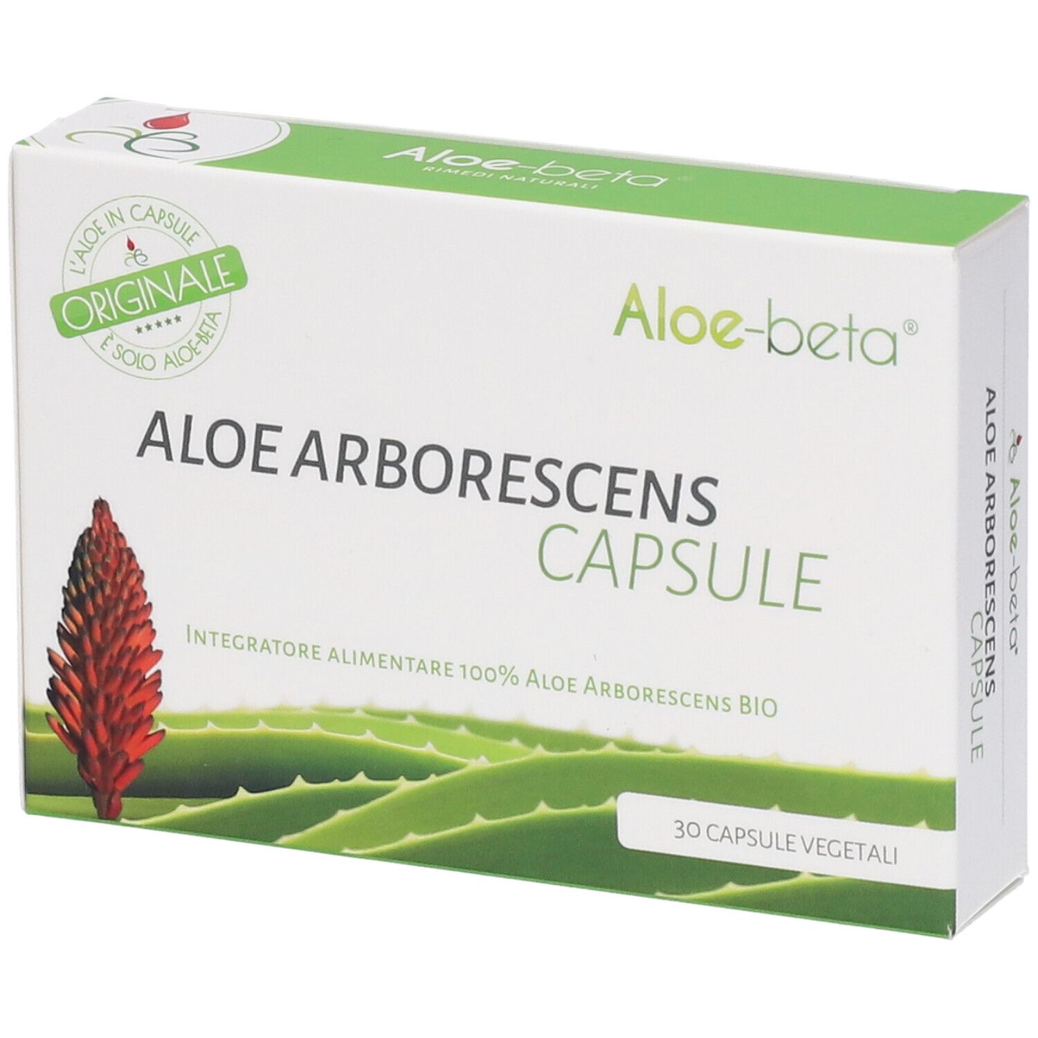 Confezione Aloe Arborescens Capsule, bianca con dettagli verdi. Immagine fiore rosso, foglie verdi. 30 capsule.