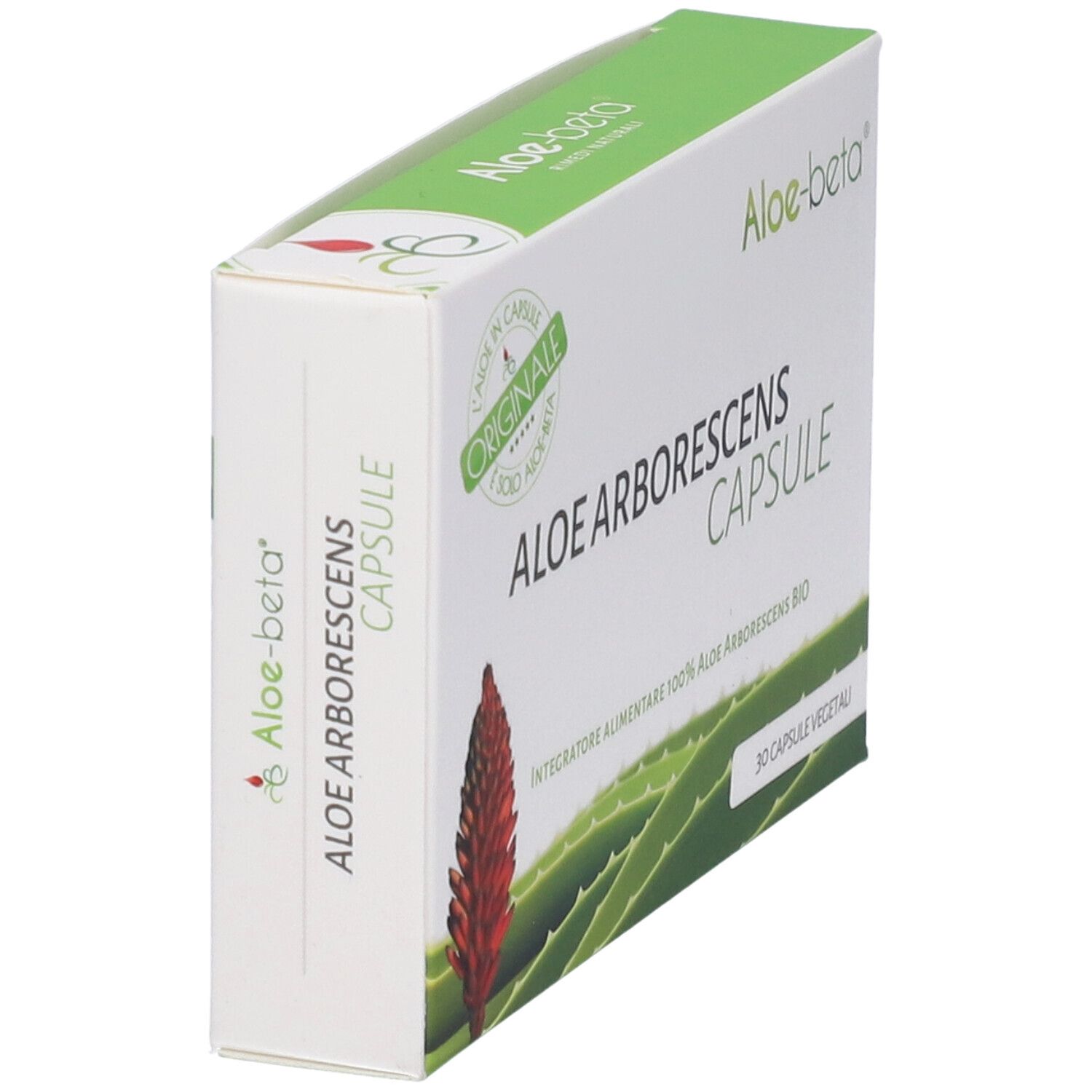 Confezione Aloe Arborescens Capsule, in diagonale. Bianco con dettagli verdi. Immagine fiore rosso, foglie verdi. 30 capsule.