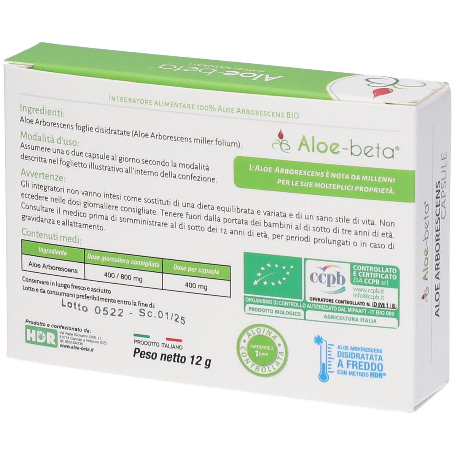 Retro della confezione Aloe Arborescens Capsule. Testo, elementi verdi e bianchi, certificazioni. Peso 12g.