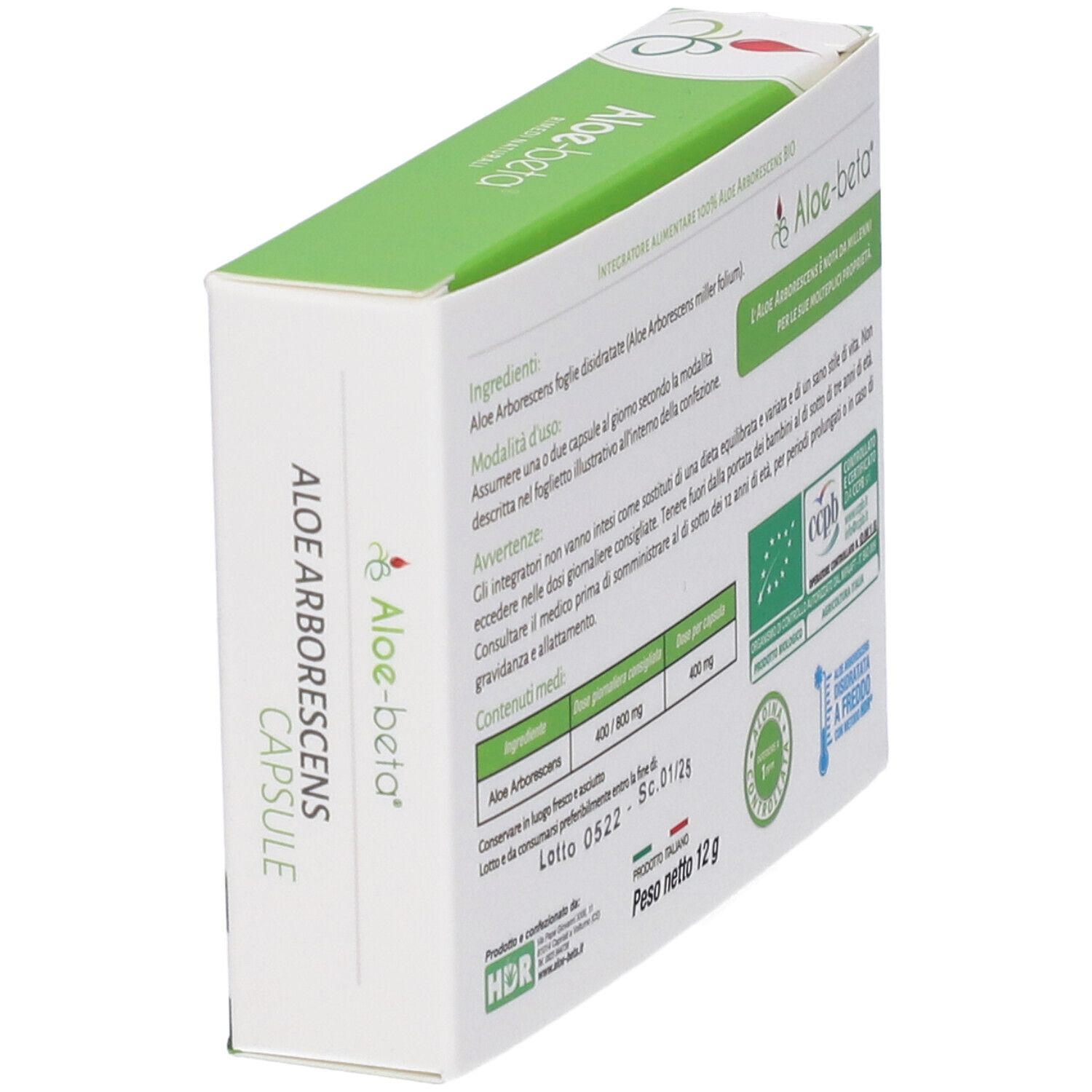Confezione Aloe Arborescens Capsule, in diagonale. Retro con testo, elementi verdi e bianchi, certificazioni. 12g.