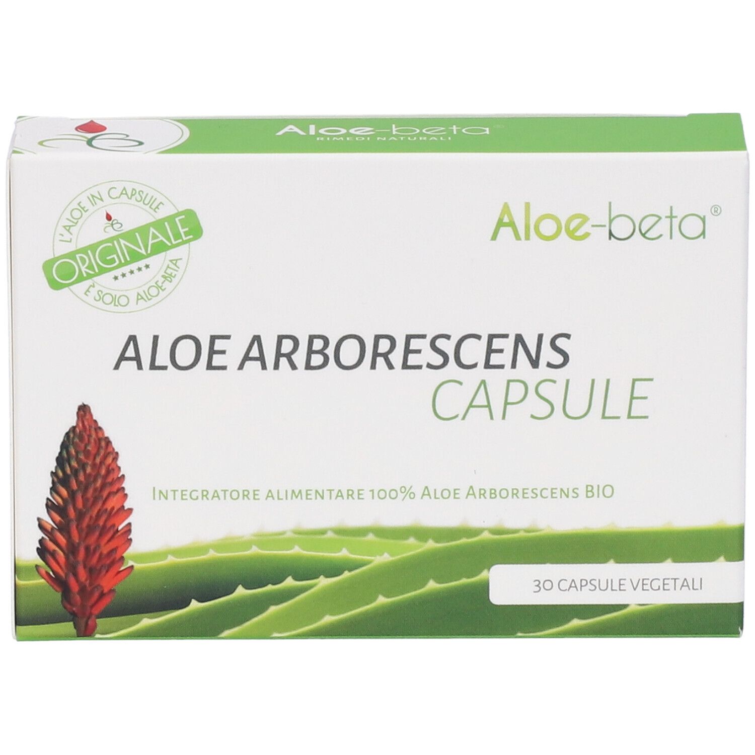 Scatola bianca Aloe Arborescens Capsule. Scritta verde e bianca, immagine fiore rosso. 30 capsule.