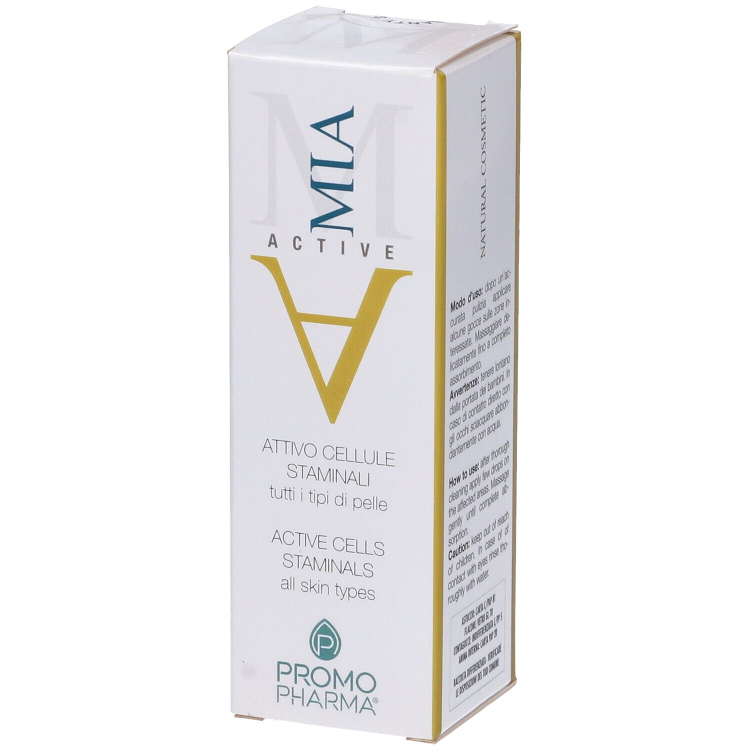Confezione bianca MIA ACTIVE. Scritte in italiano e inglese. Logo PromoPharma in basso. Prodotto cosmetico.