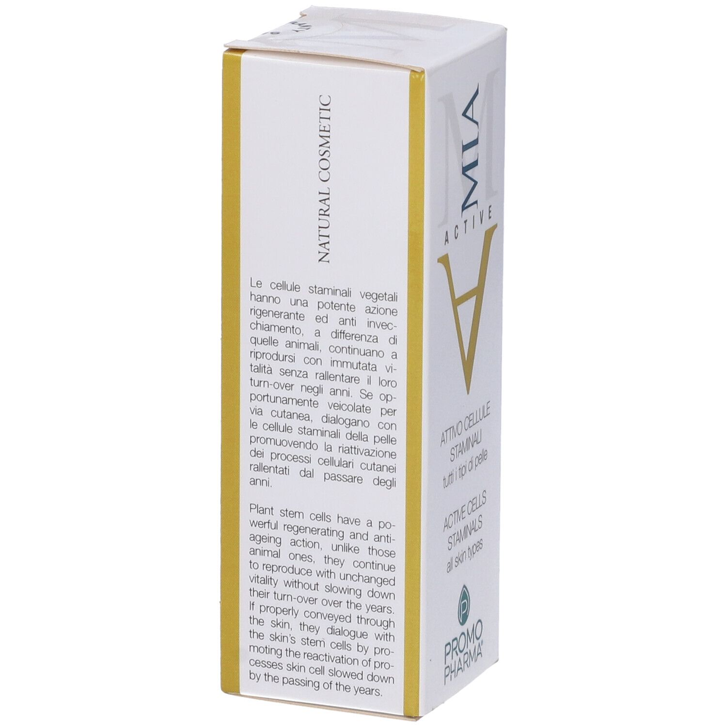 Confezione con testo in italiano. Loghi MIA ACTIVE e PromoPharma visibili. Cosmetico naturale.