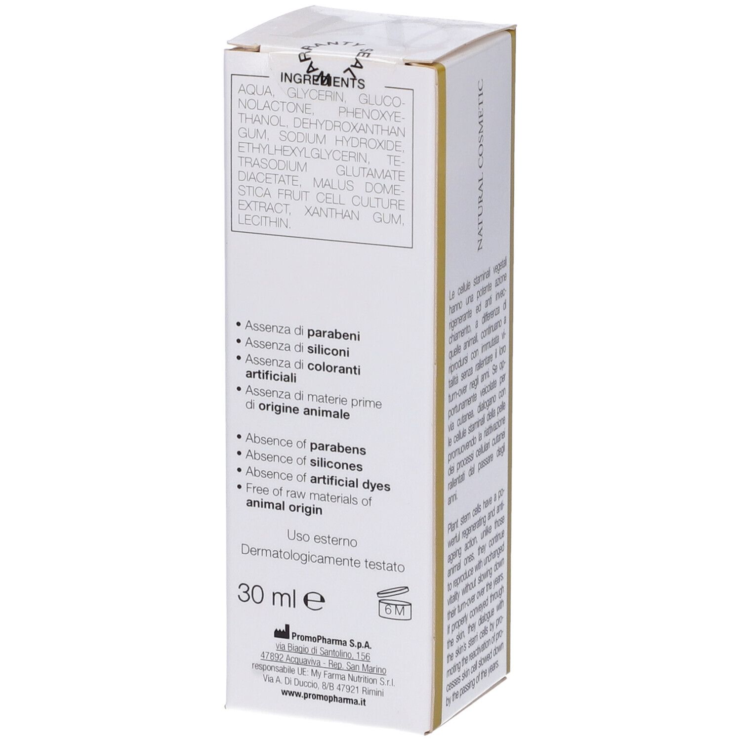 Confezione con ingredienti e informazioni. 30 ml. Senza parabeni, siliconi, coloranti e ingredienti animali.