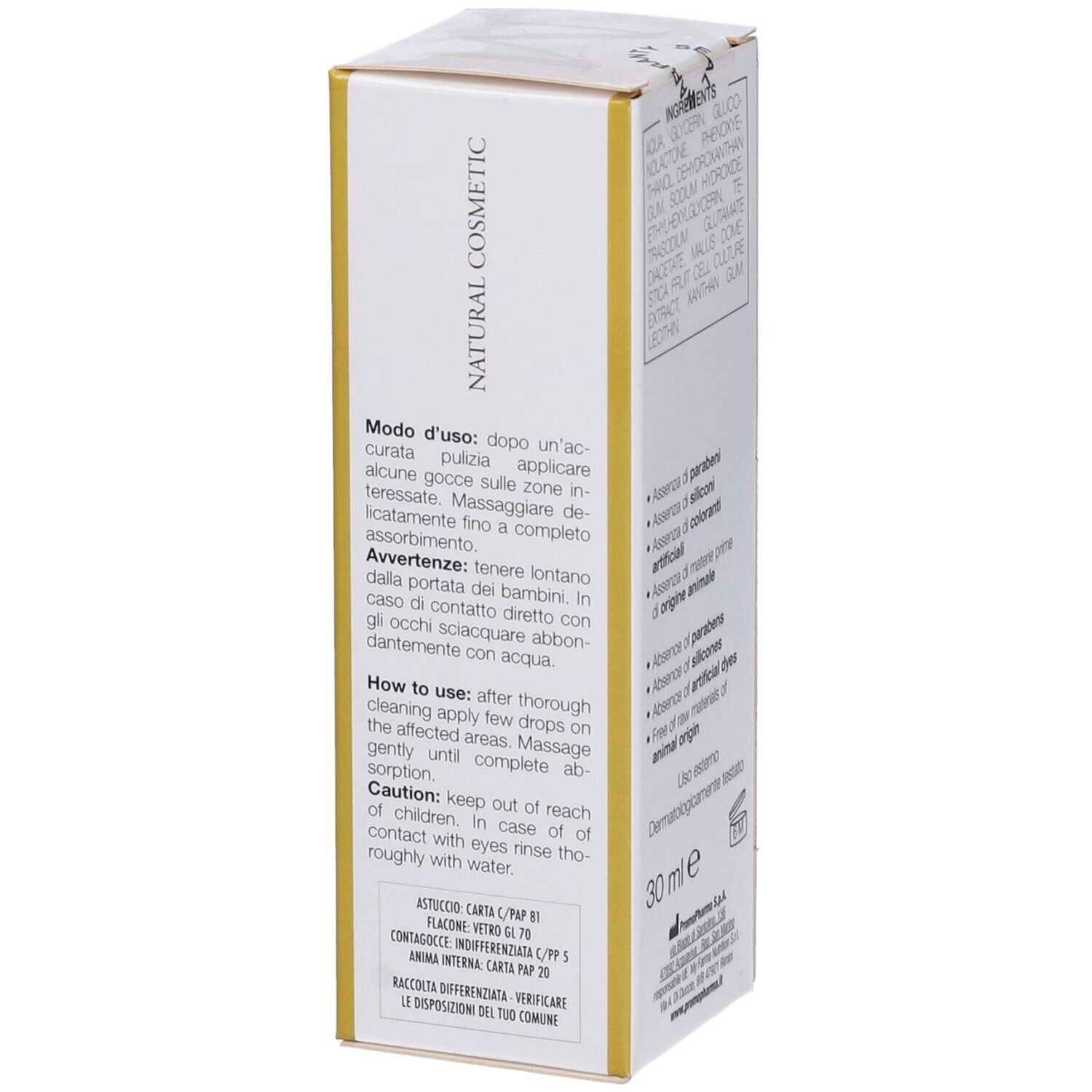 Confezione con istruzioni per l'uso in italiano. 30 ml. Dermatologicamente testato. Avvertenze.