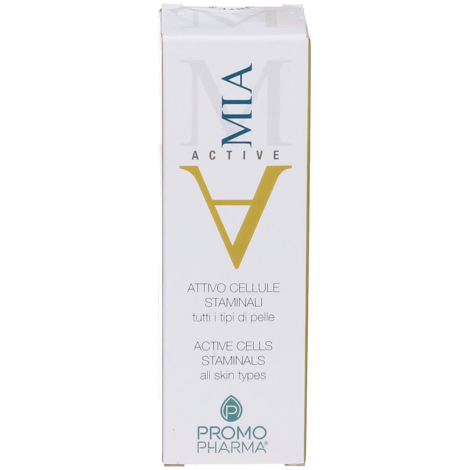 Confezione bianca MIA ACTIVE. Scritte in italiano e inglese. Logo PromoPharma in basso. Prodotto cosmetico.