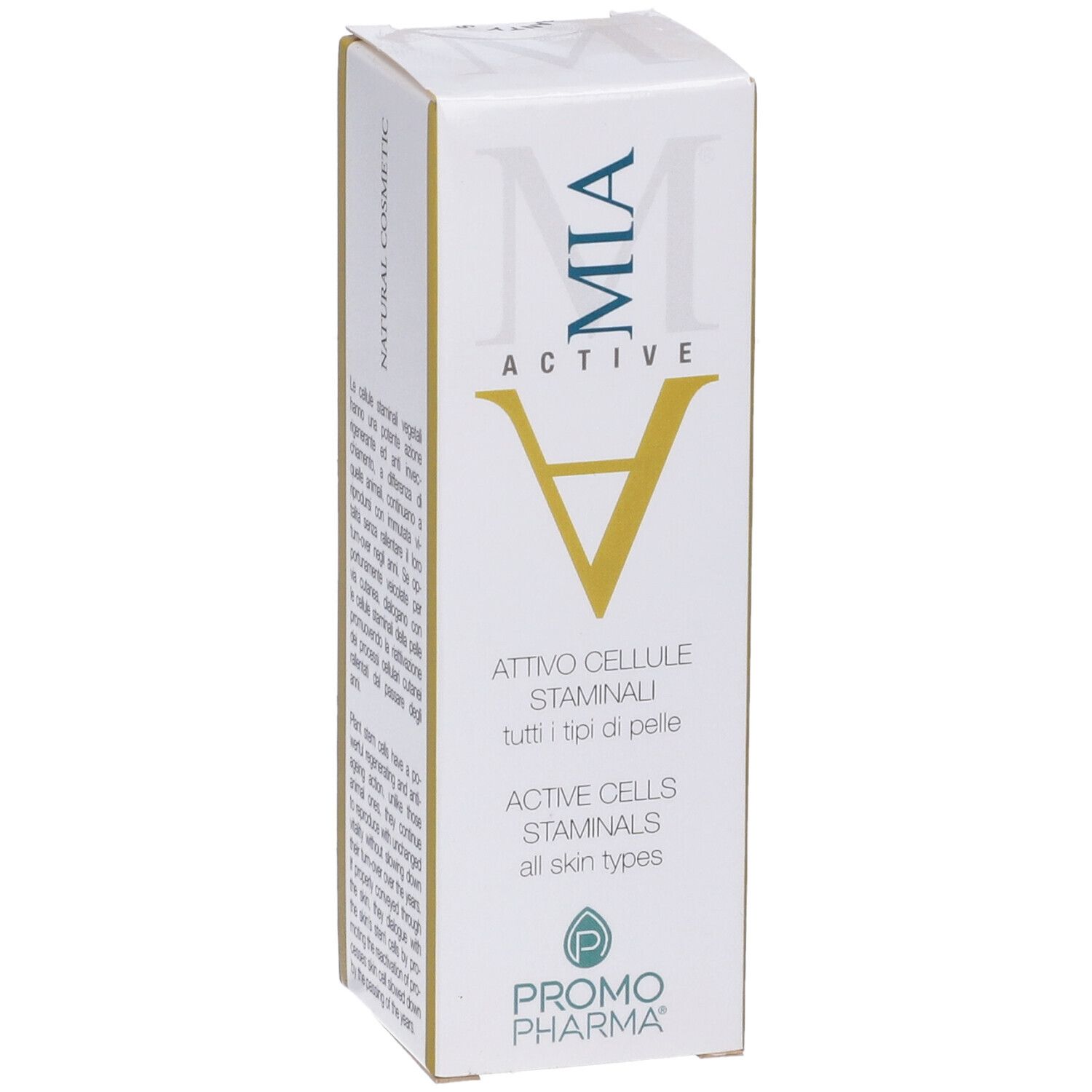 Confezione con logo MIA ACTIVE e nome del prodotto in italiano e inglese. Logo PromoPharma in basso. Cosmetico naturale.