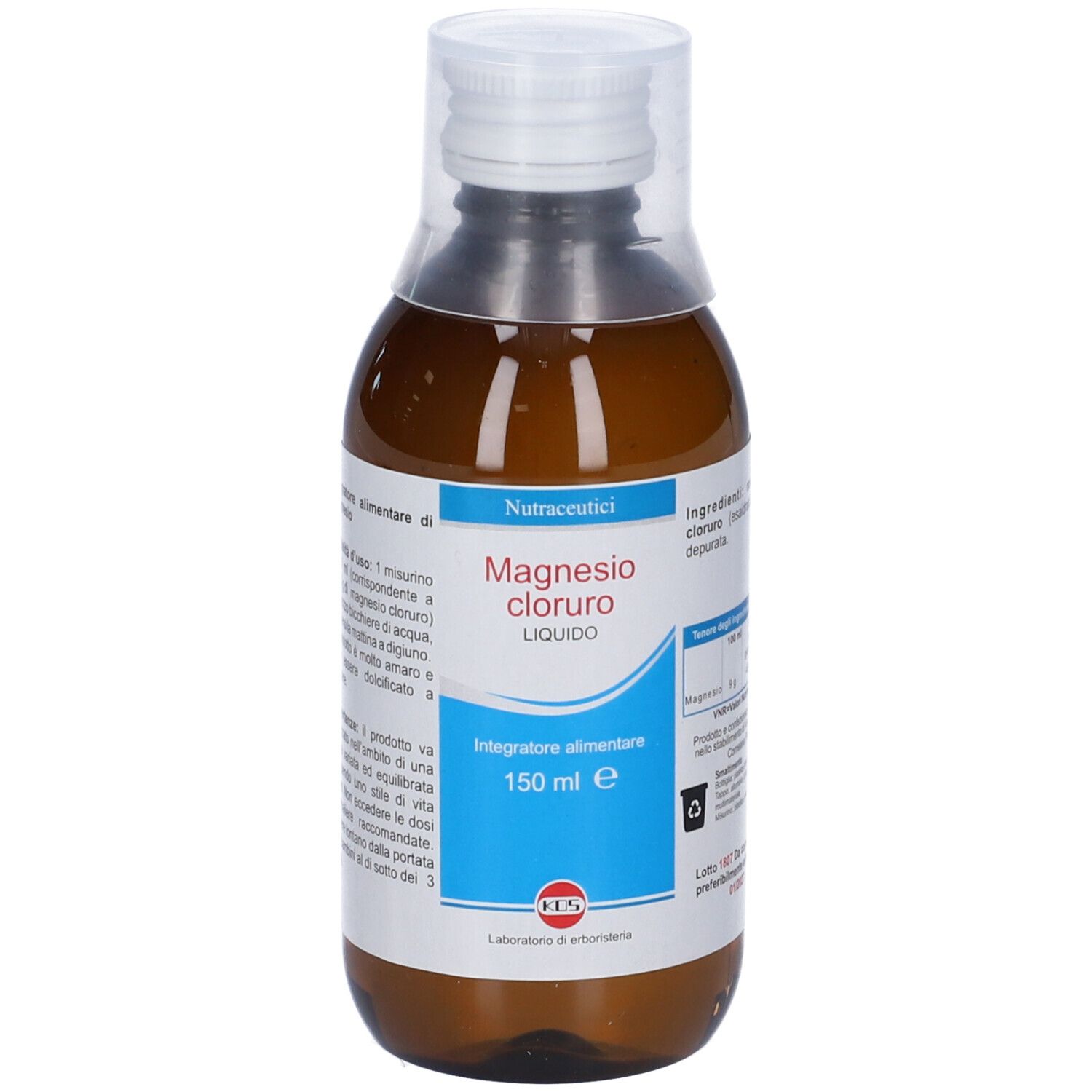 Flacone marrone di Magnesio Cloruro Liquido con tappo bianco. Nome del prodotto e informazioni.