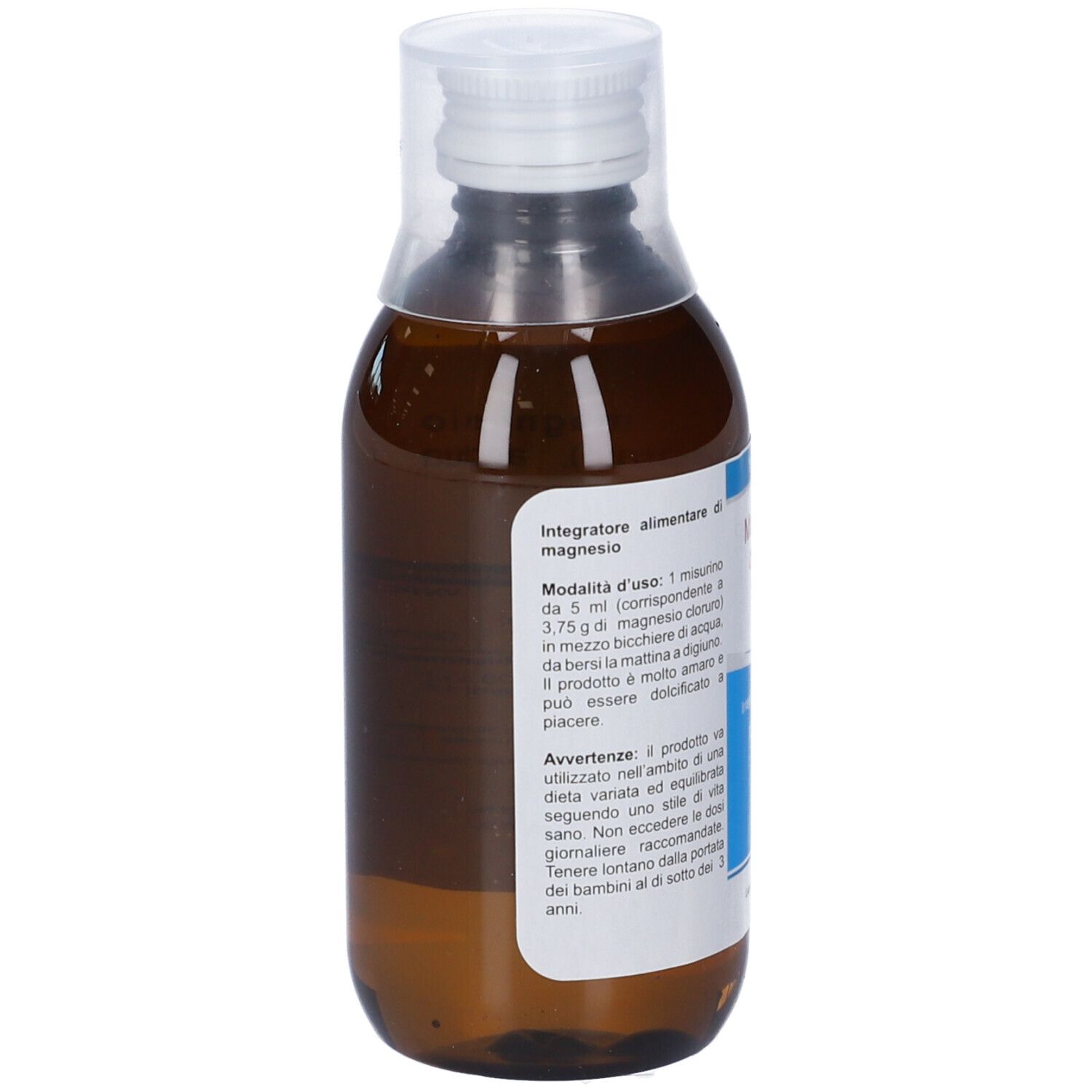Flacone marrone di Magnesio Cloruro Liquido con tappo bianco. Informazioni sul prodotto sull'etichetta.