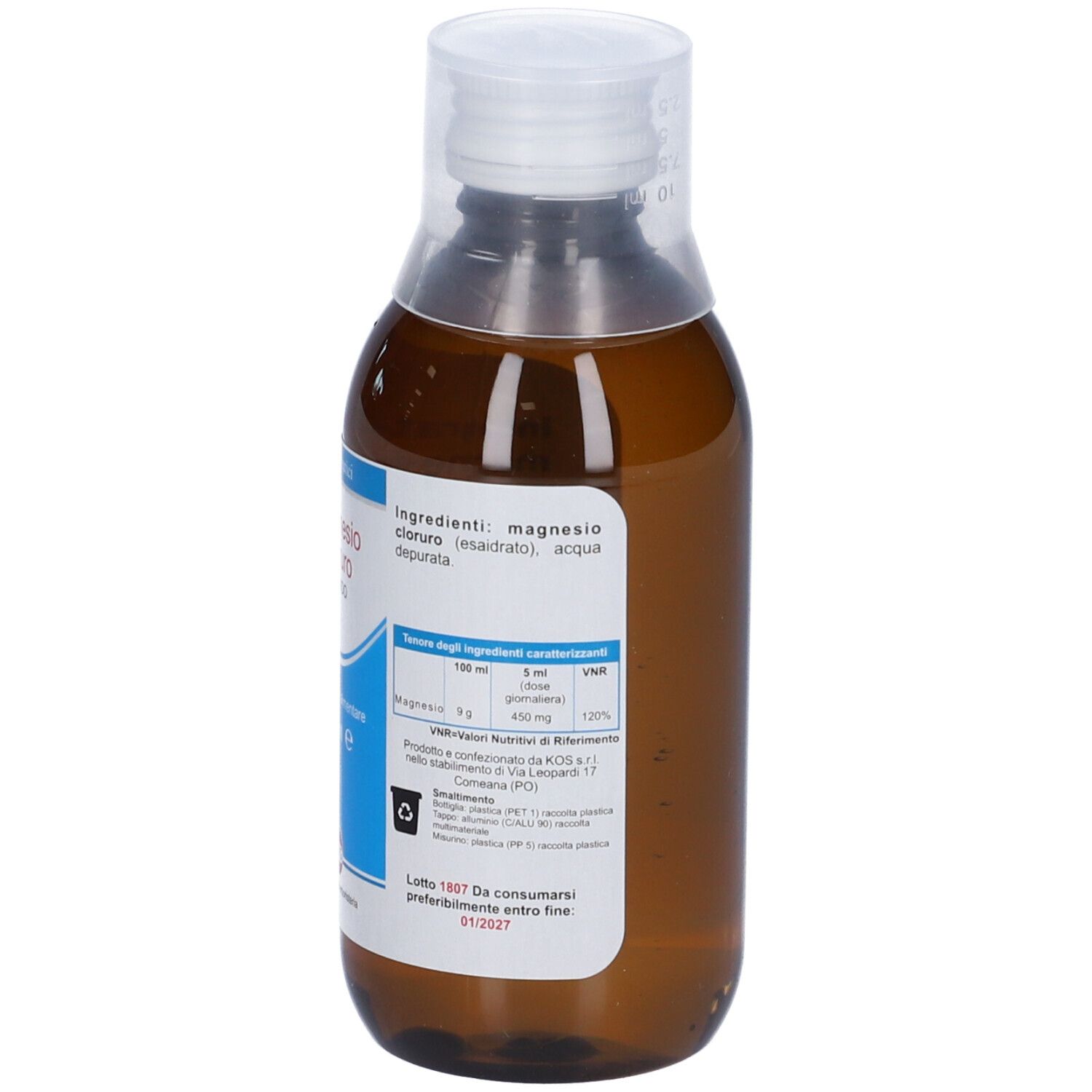 Flacone marrone di Magnesio Cloruro Liquido con tappo bianco. Etichetta con ingredienti e valori nutrizionali.