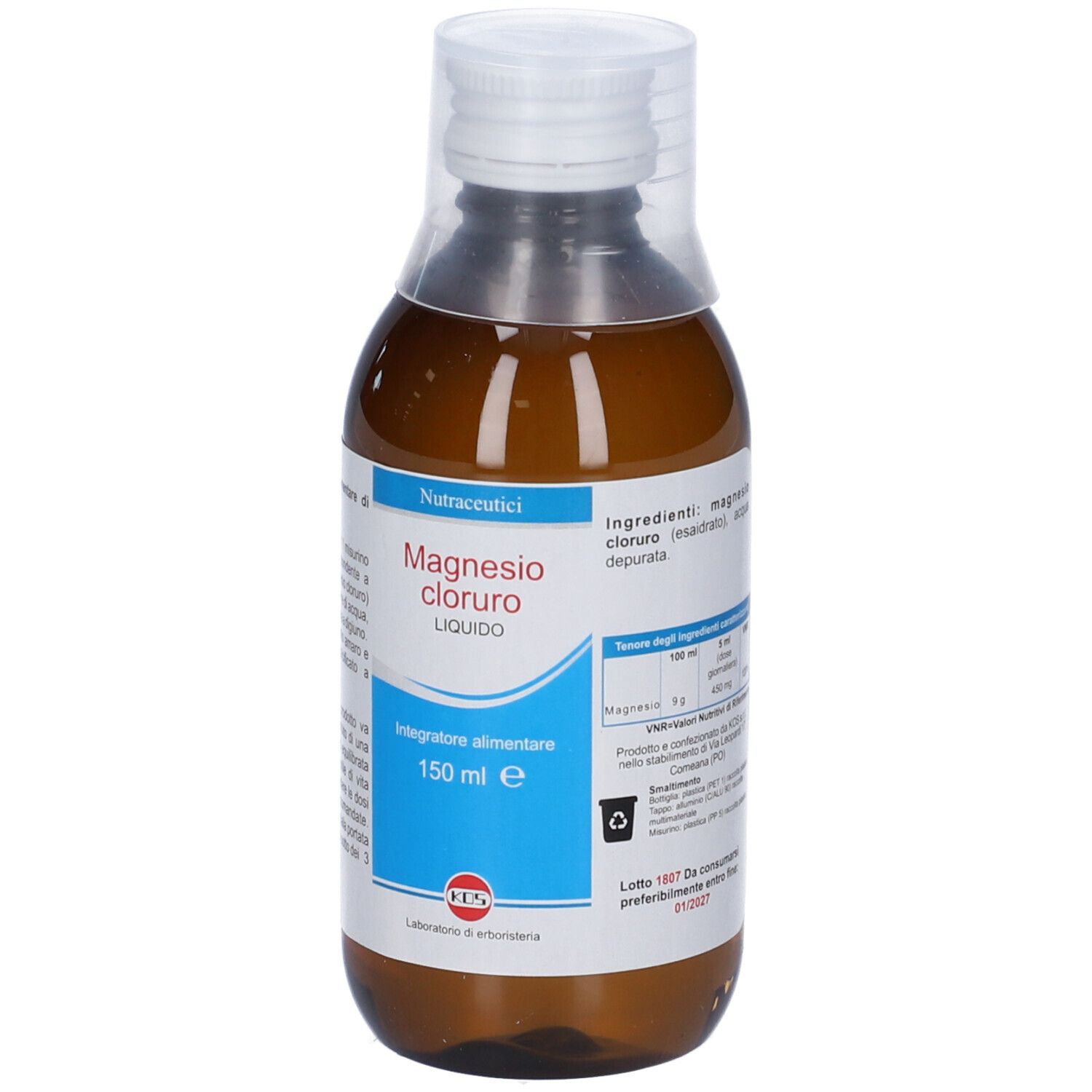 Flacone marrone di Magnesio Cloruro Liquido con tappo bianco. Informazioni e dosaggio del prodotto.