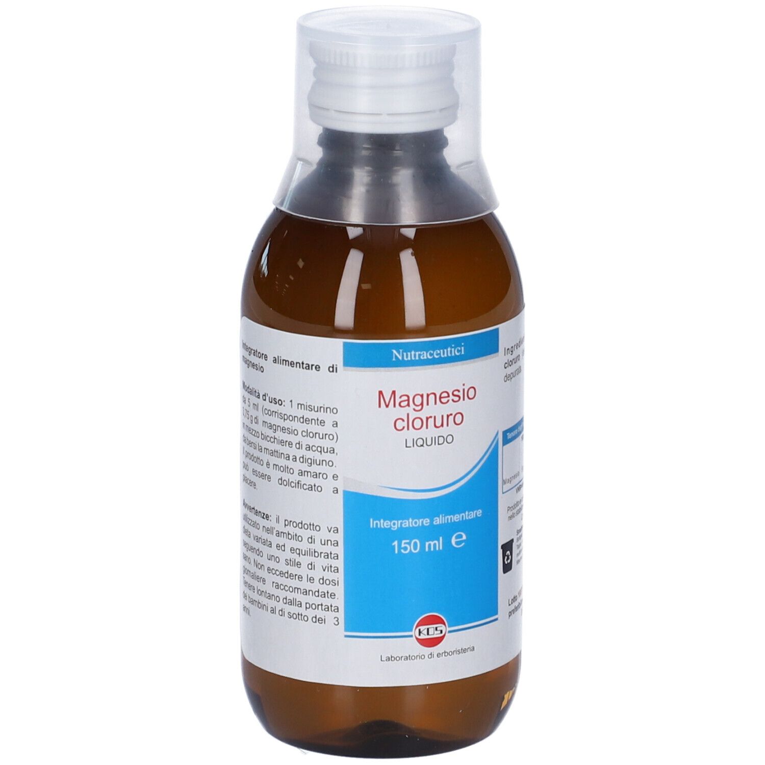 Flacone marrone di Magnesio Cloruro Liquido con tappo bianco. Informazioni e dosaggio del prodotto.