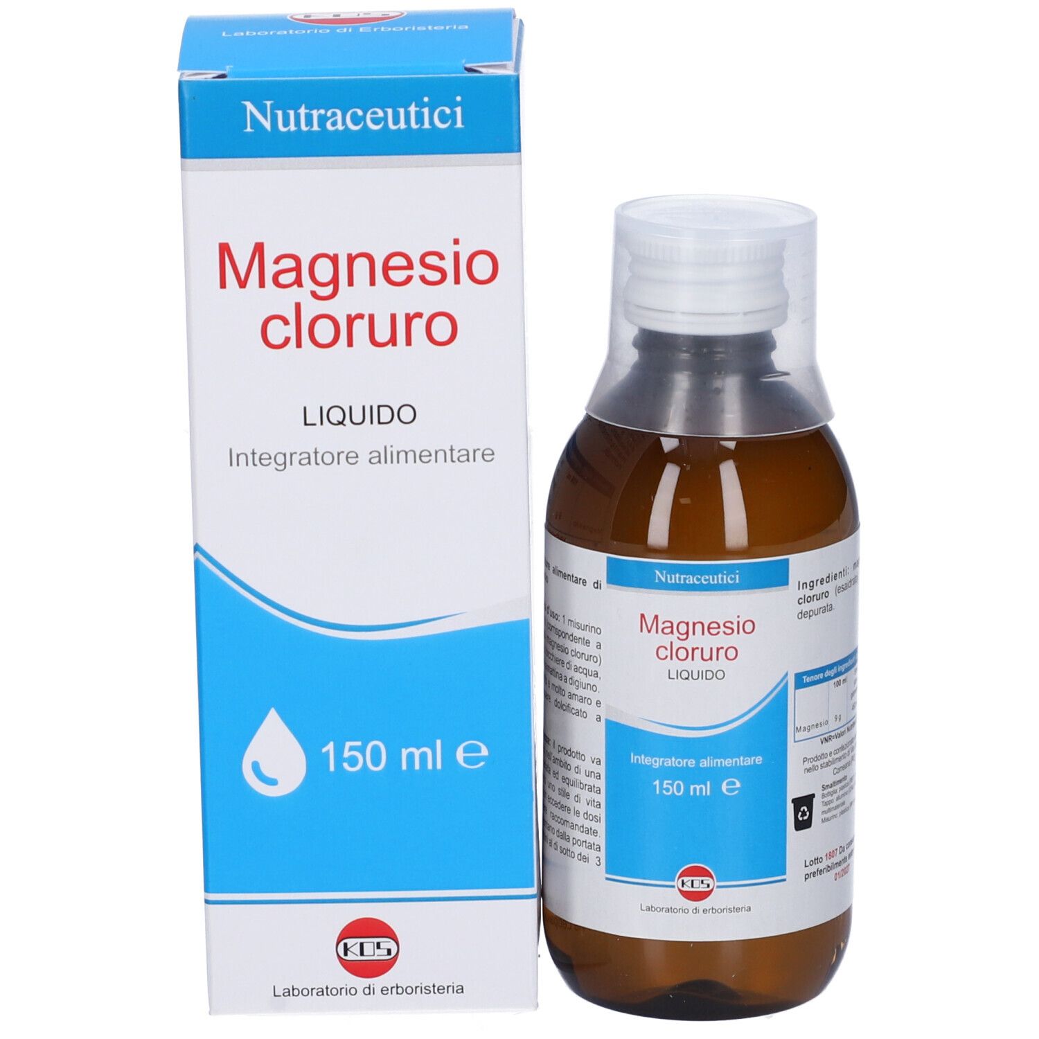Flacone e scatola di Magnesio Cloruro Liquido. Flacone marrone, scatola blu e bianca con nome del prodotto.