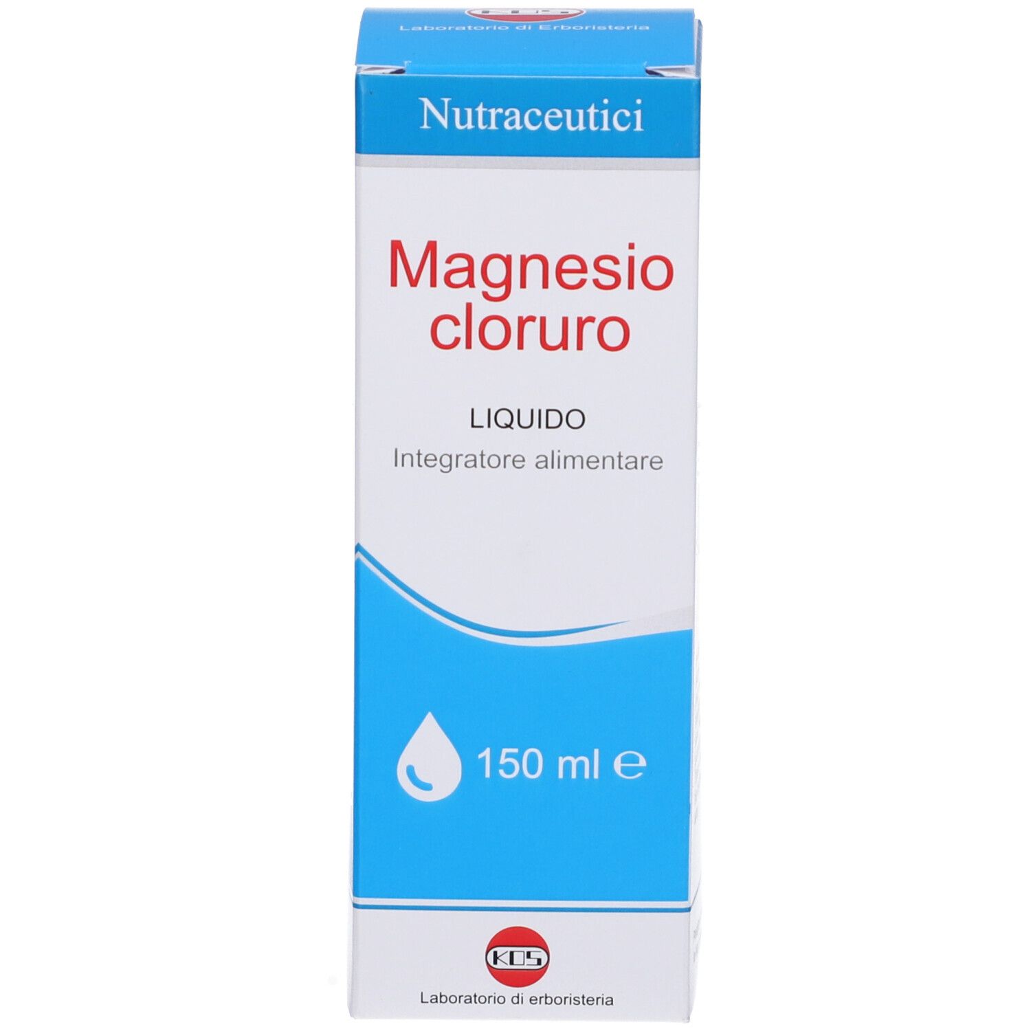 Scatola di Magnesio Cloruro Liquido. Confezione blu e bianca con nome del prodotto e simbolo a goccia.