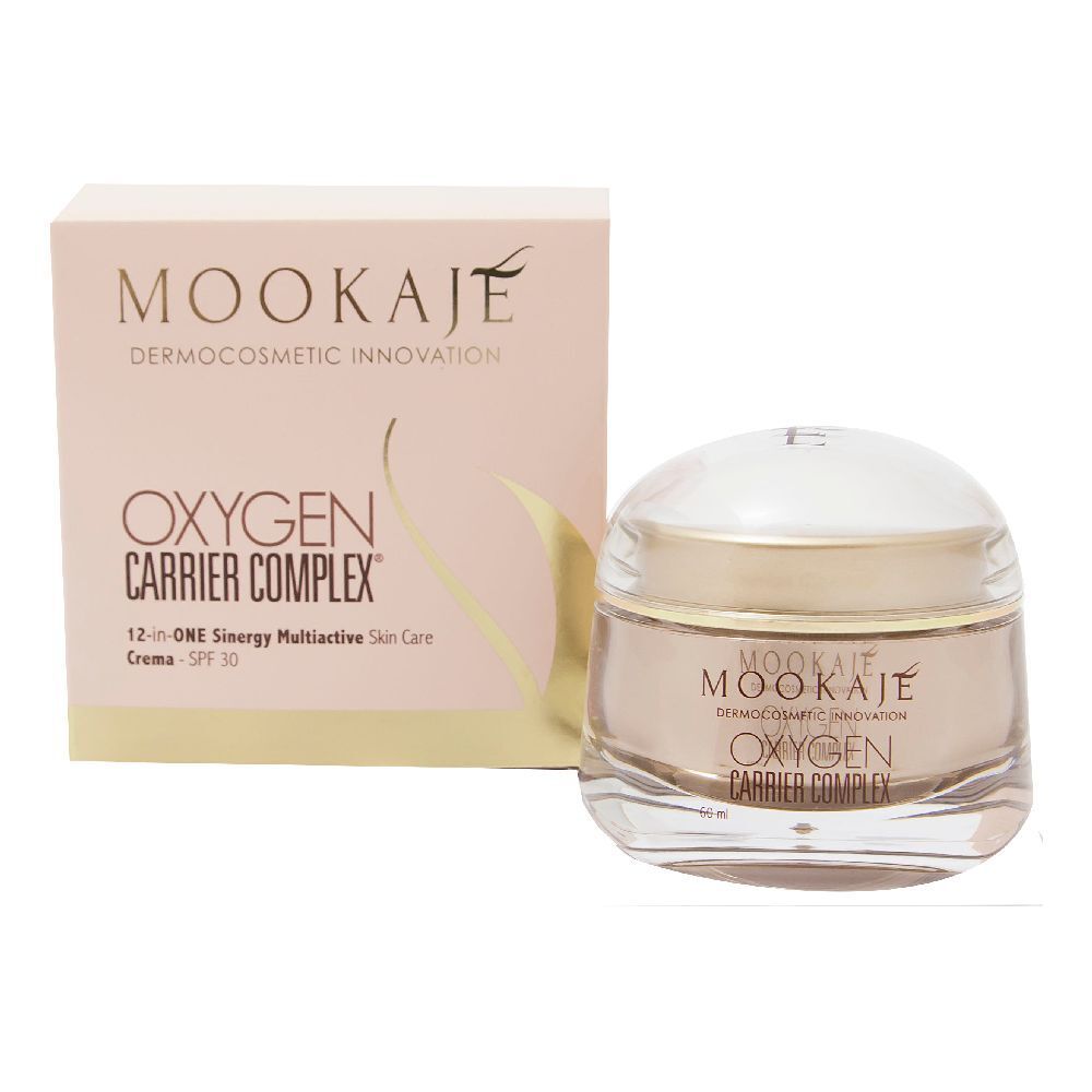 Vasetto di crema e confezione. Scritta: MOOKAJE, OXYGEN CARRIER COMPLEX, 12-in-ONE Synergy Multiactive Skin Care, SPF 30.
