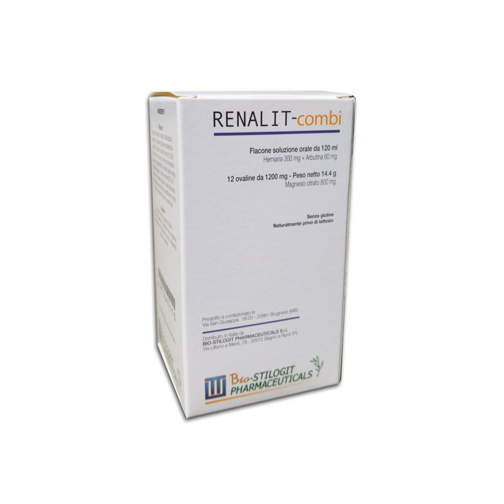 Scatola RENALIT-combi. Contiene flacone e 12 compresse ovali. Marchio: Bio-Stilogt Pharmaceuticals.
