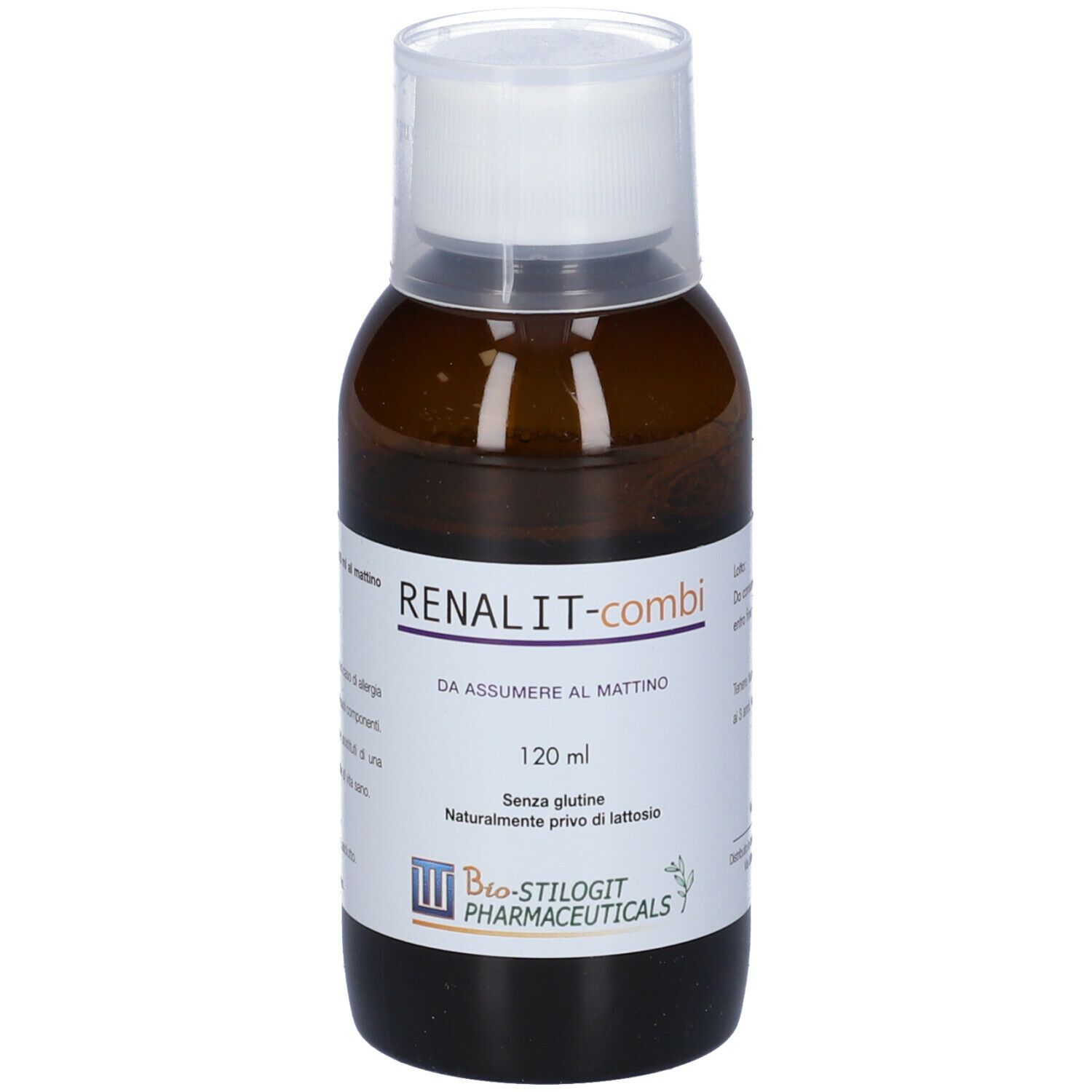 Flacone marrone, tappo bianco. Scritta: RENALIT-combi, 120 ml. Marchio: Bio-Stilogt Pharmaceuticals.