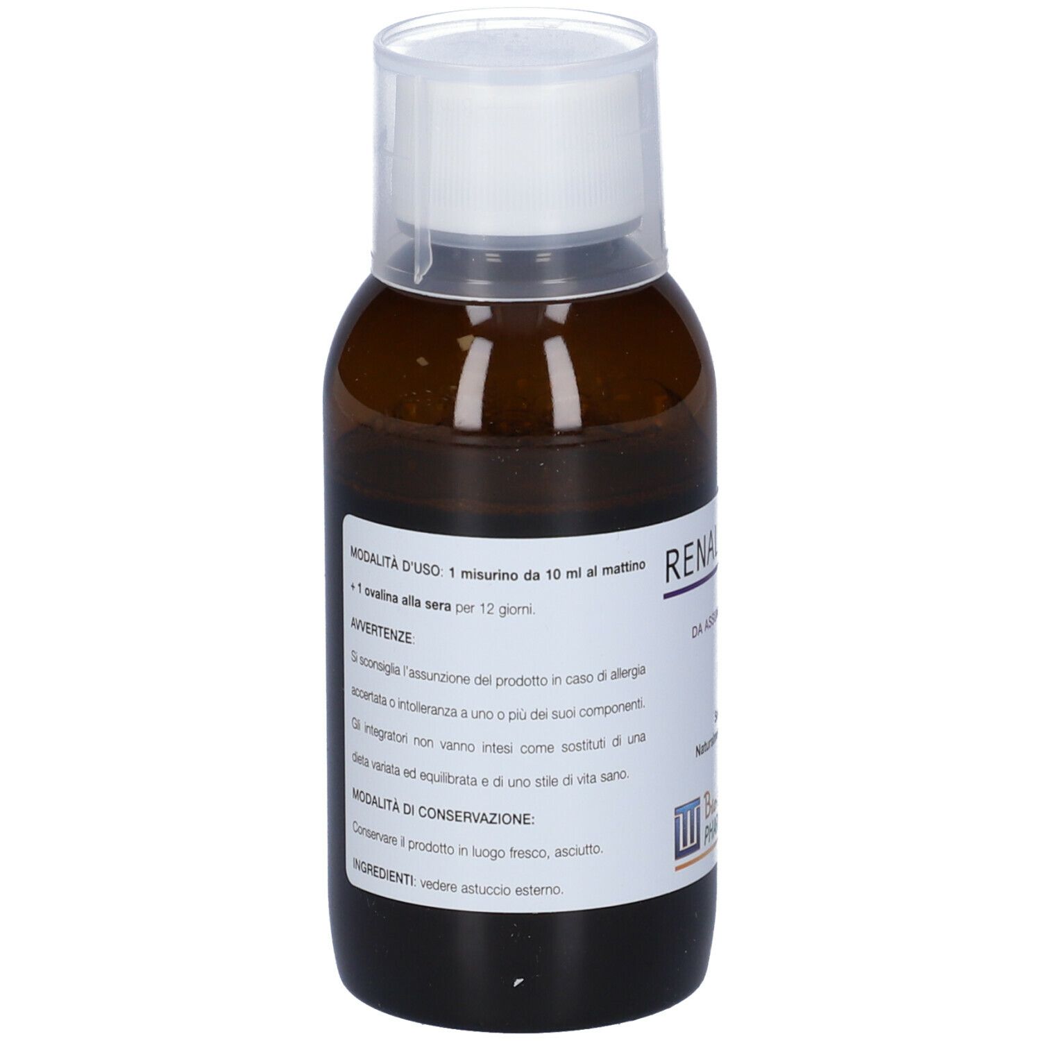 Flacone marrone, tappo bianco. Scritta: RENALIT-combi, 120 ml. Marchio: Bio-Stilogt Pharmaceuticals.