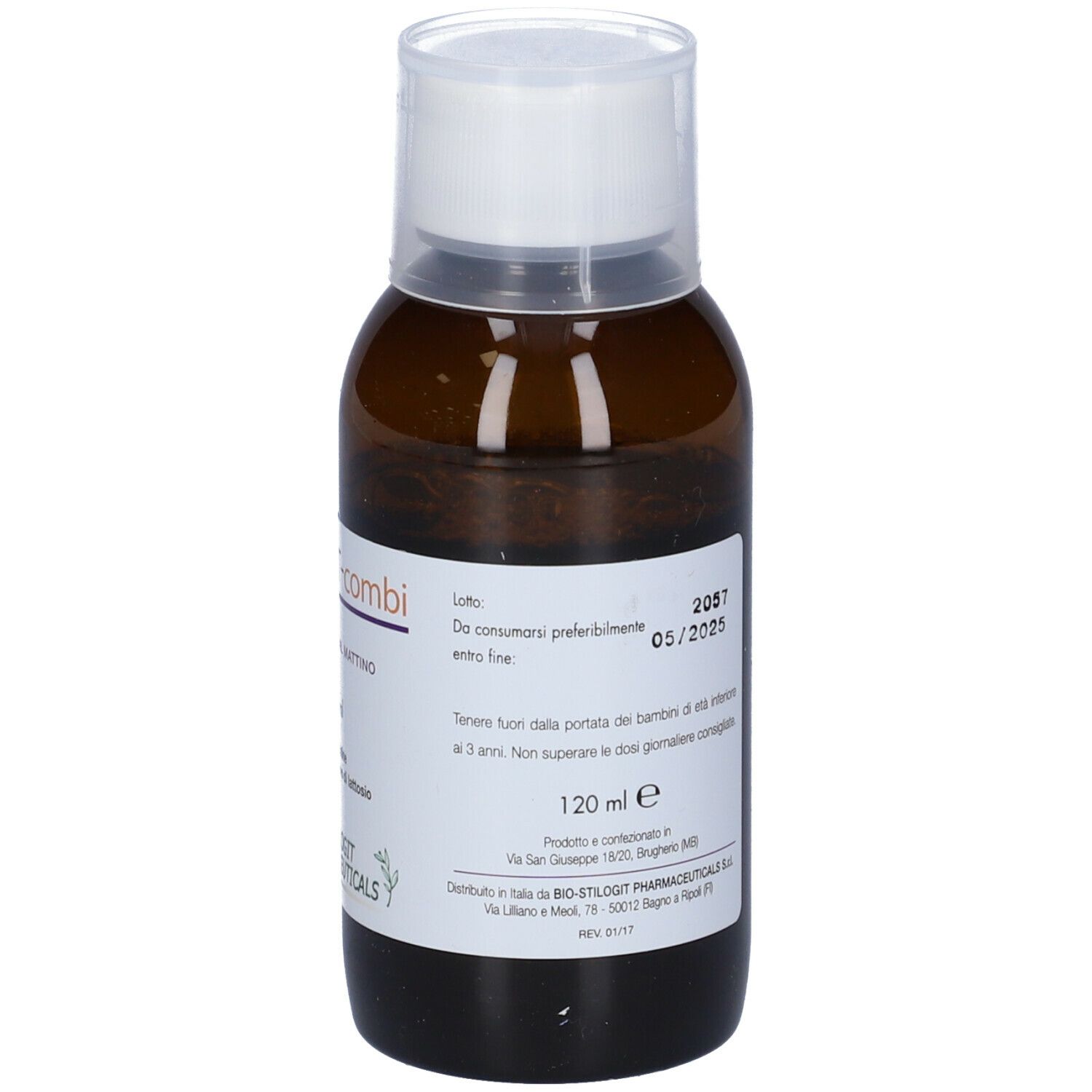 Flacone marrone, tappo bianco. Scritta: RENALIT-combi, 120 ml. Marchio: Bio-Stilogt Pharmaceuticals.