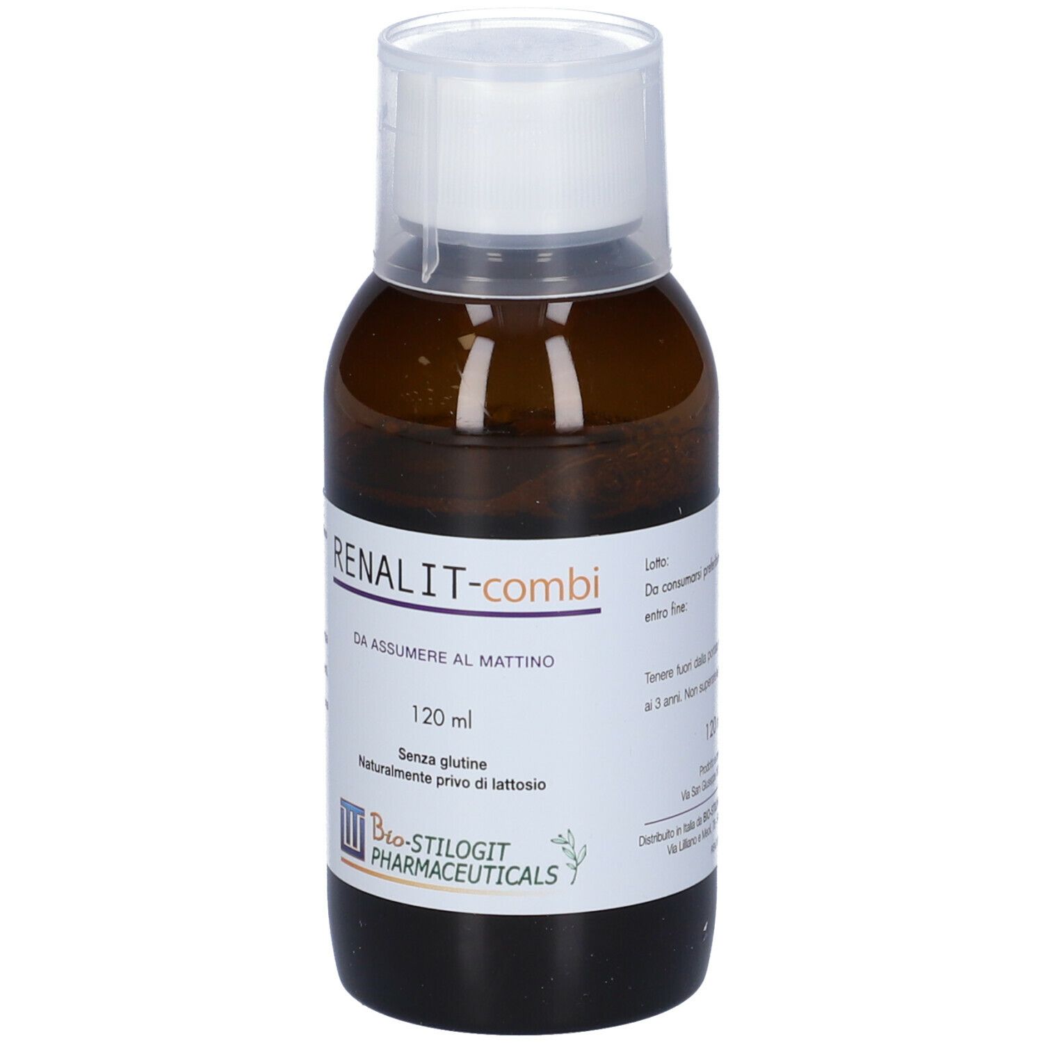 Flacone marrone, tappo bianco. Scritta: RENALIT-combi, 120 ml. Marchio: Bio-Stilogt Pharmaceuticals.