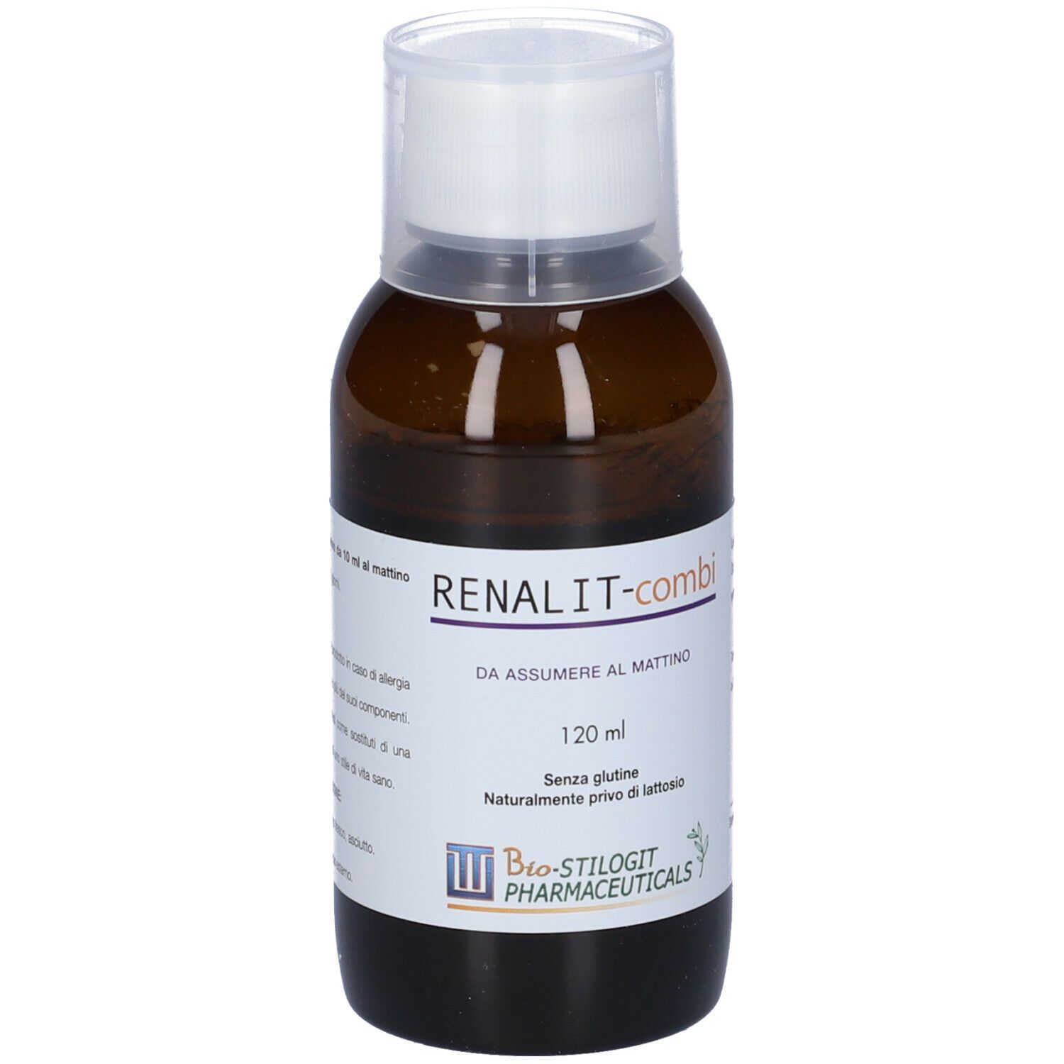 Flacone marrone, tappo bianco. Scritta: RENALIT-combi, 120 ml. Marchio: Bio-Stilogt Pharmaceuticals.