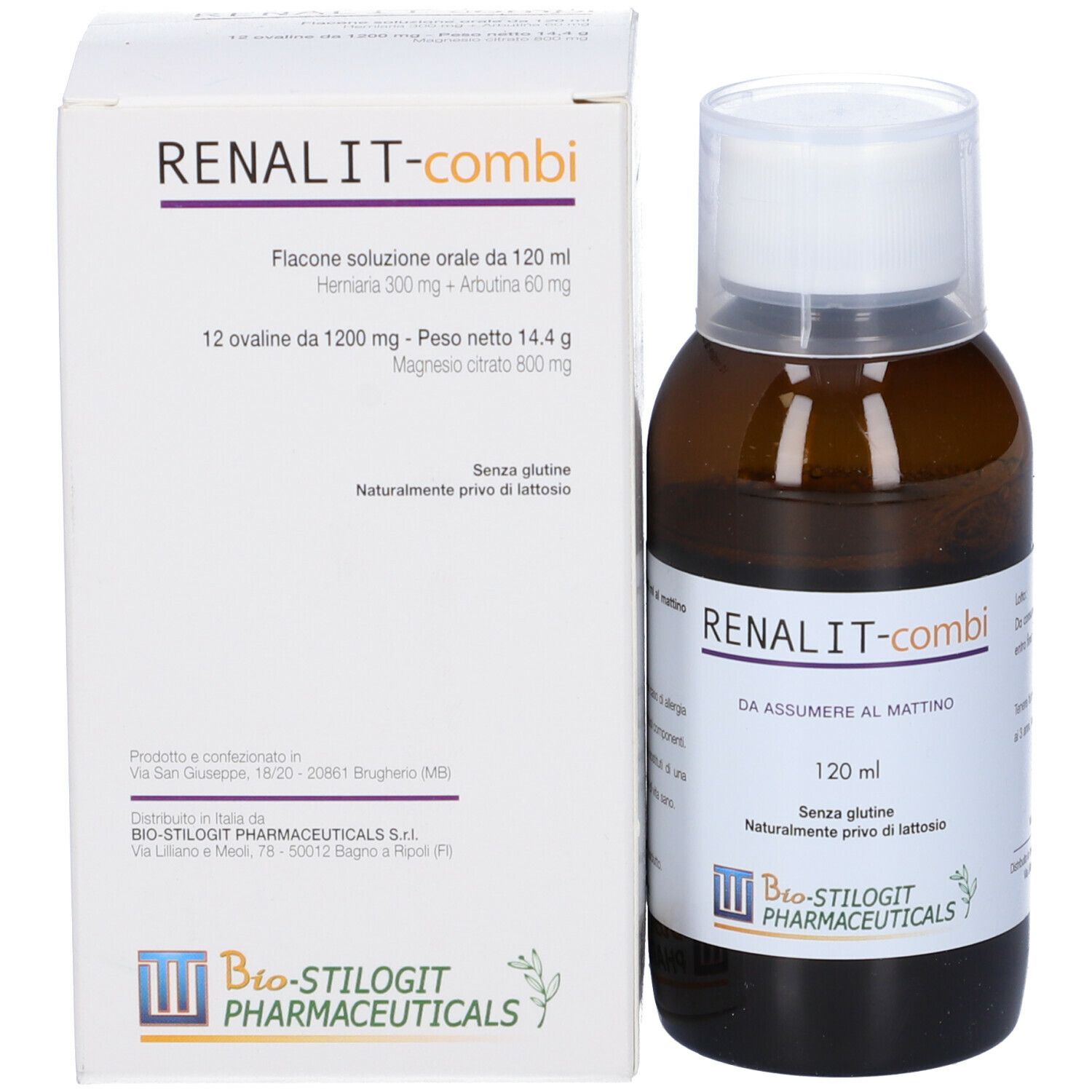 Flacone e scatola. Scritta: RENALIT-combi, 120 ml. Marchio: Bio-Stilogt Pharmaceuticals.