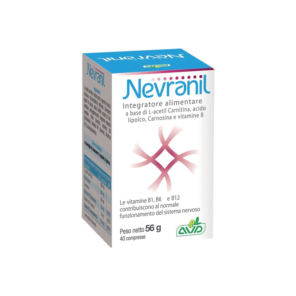 Scatola di Nevranil. Contiene L-acetil carnitina, acido lipoico, carnosina, vitamina B. Senza glutine.