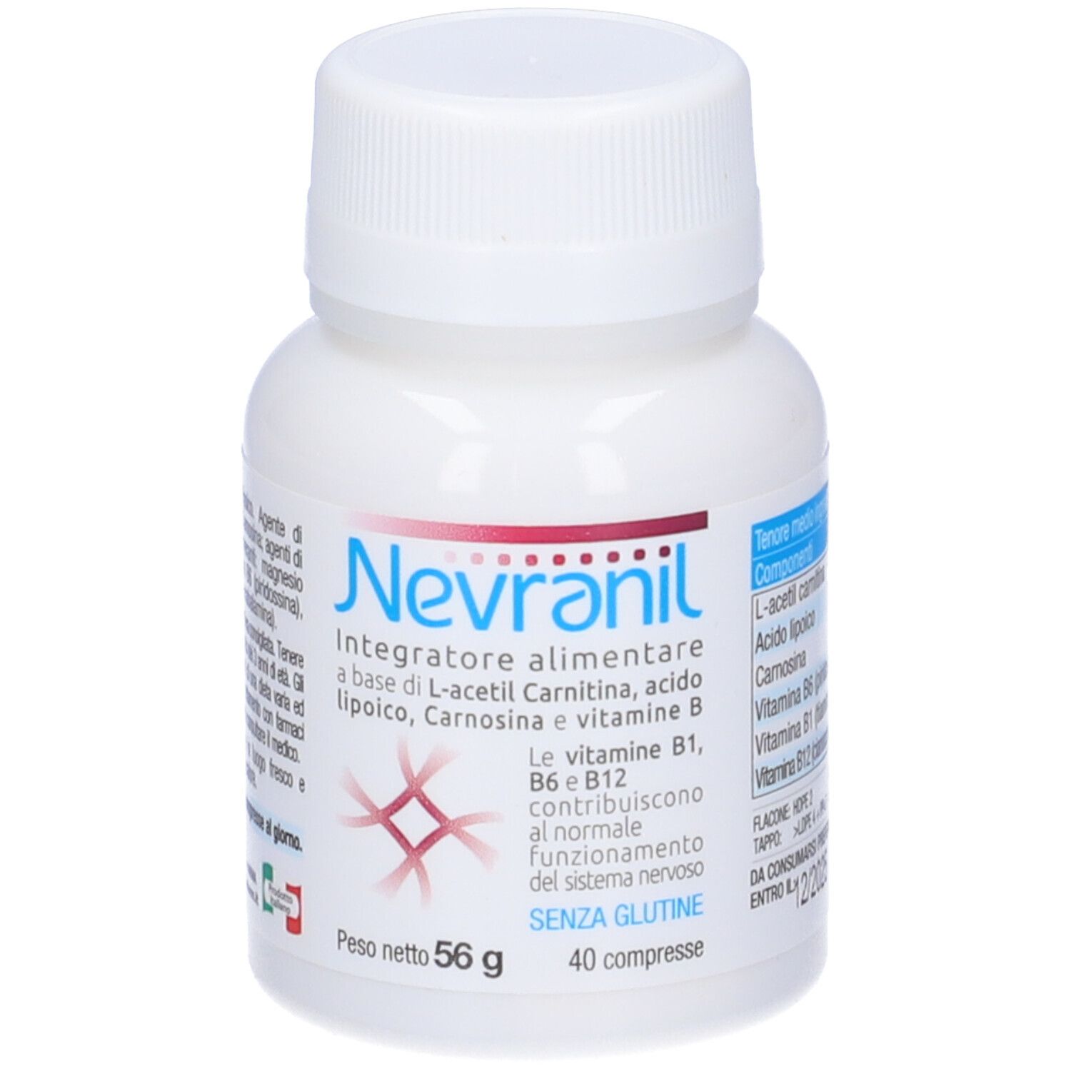 Flacone bianco Nevranil. Contiene L-acetil carnitina, vitamina B. 40 compresse, 56 g. Senza glutine.