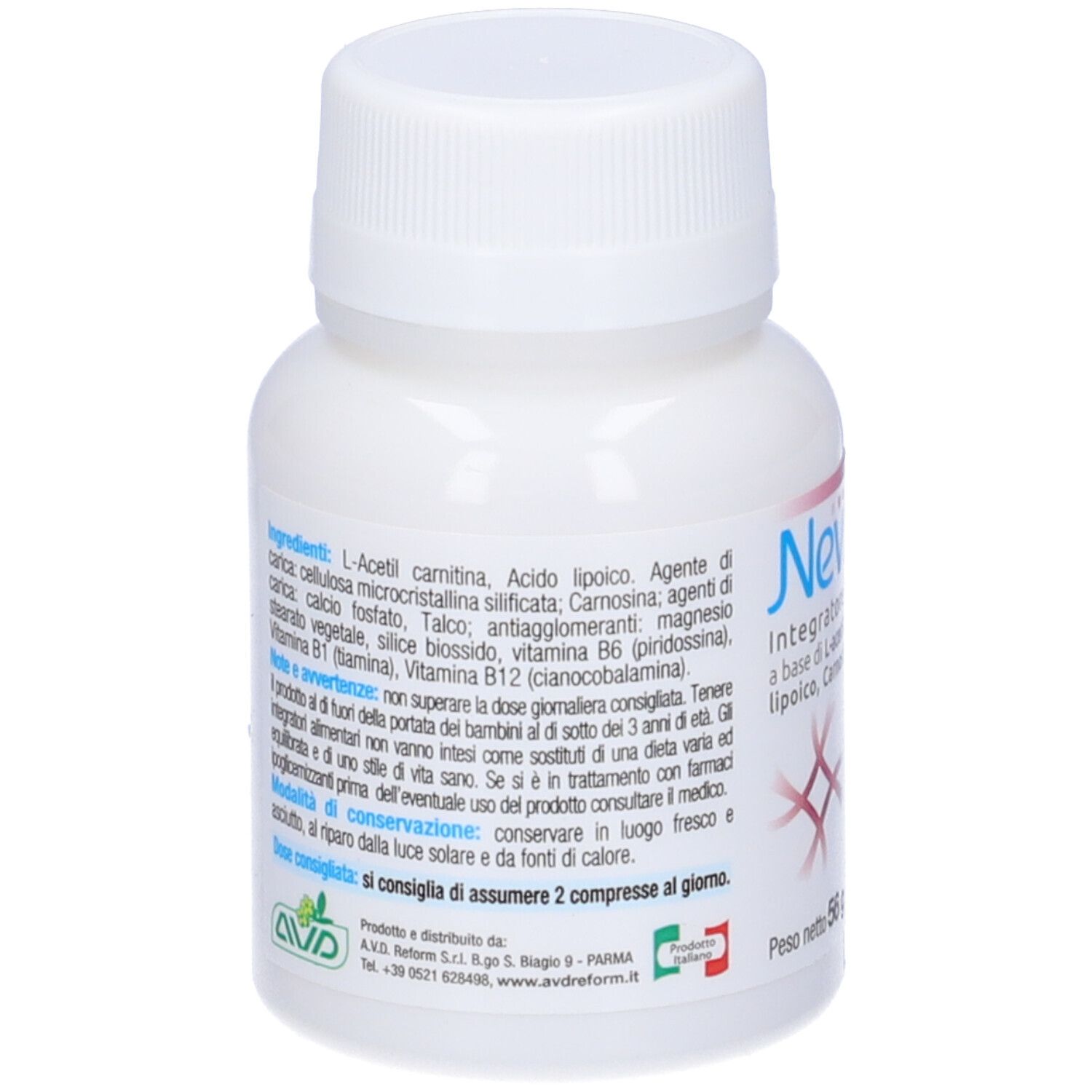 Flacone bianco Nevranil. Ingredienti: L-acetil carnitina, vitamina B. 40 compresse, 56 g. Senza glutine.