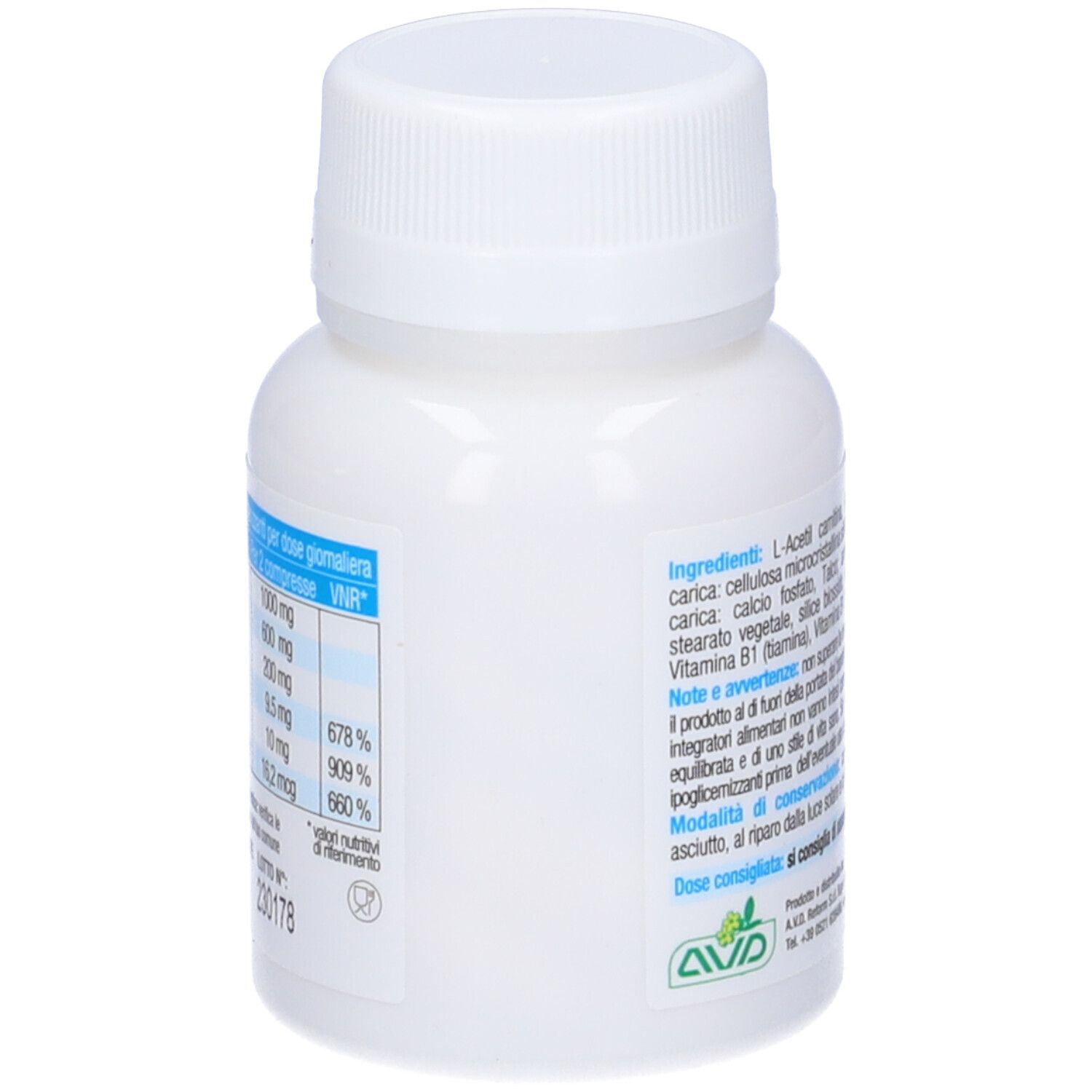 Flacone bianco Nevranil. Contiene L-acetil carnitina, vitamina B. 40 compresse, 56 g. Senza glutine.
