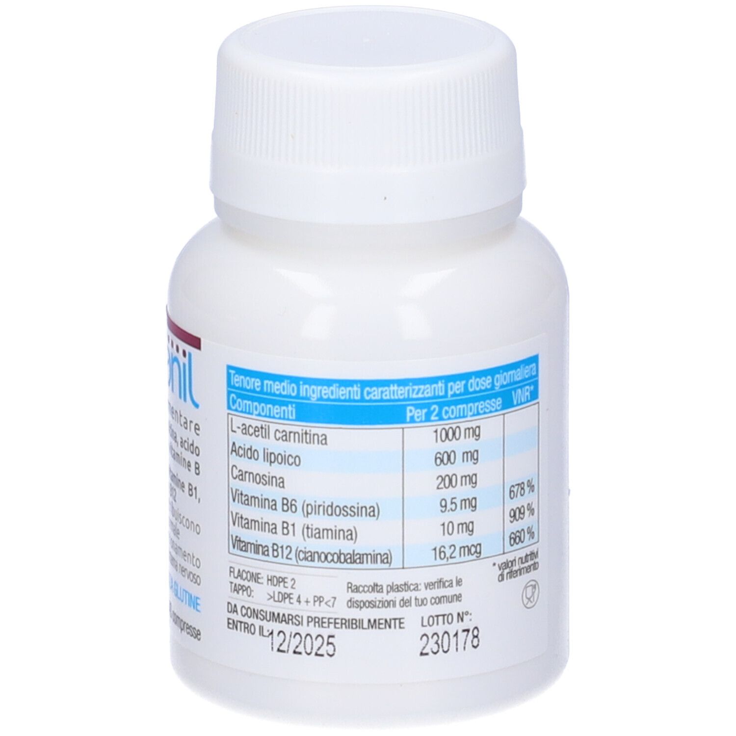 Flacone bianco Nevranil. Contiene L-acetil carnitina, vitamina B. 40 compresse, 56 g. Senza glutine.