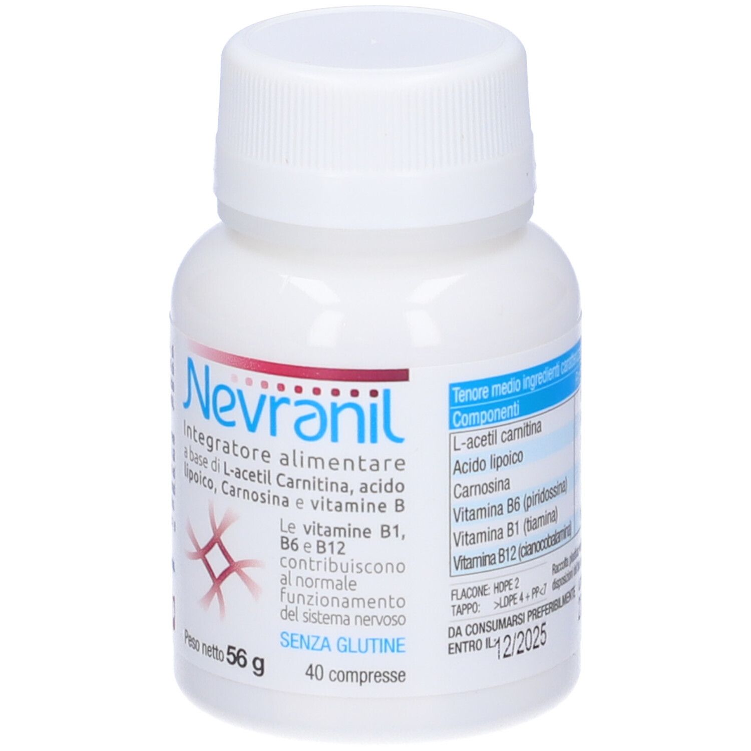 Flacone bianco Nevranil. Contiene L-acetil carnitina, vitamina B. 40 compresse, 56 g. Senza glutine.