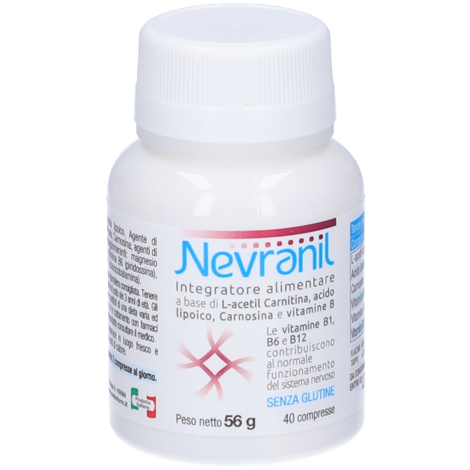 Flacone bianco Nevranil. Contiene L-acetil carnitina, vitamina B. 40 compresse, 56 g. Senza glutine.