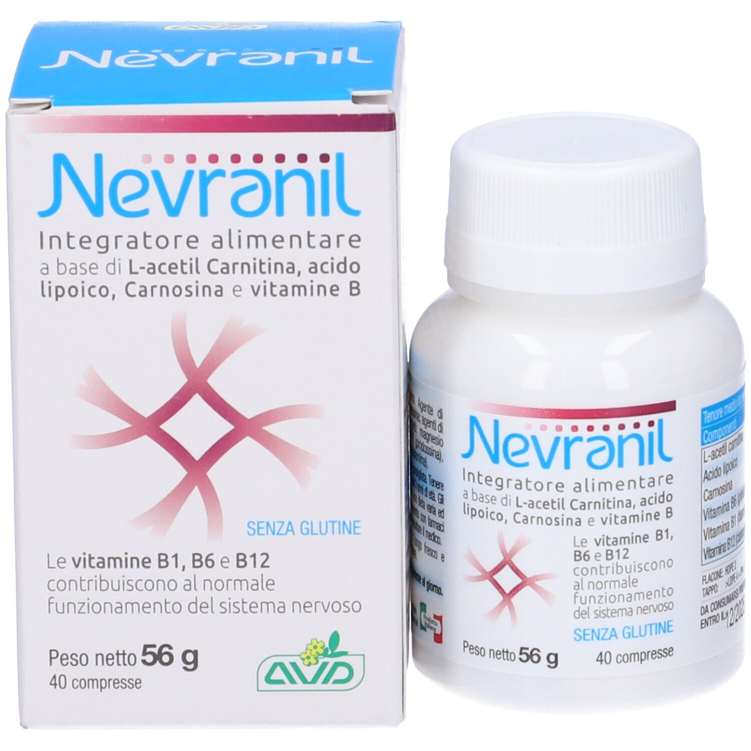 Nevranil, flacone e scatola. Contiene L-acetil carnitina, vitamina B. 40 compresse, 56 g.
