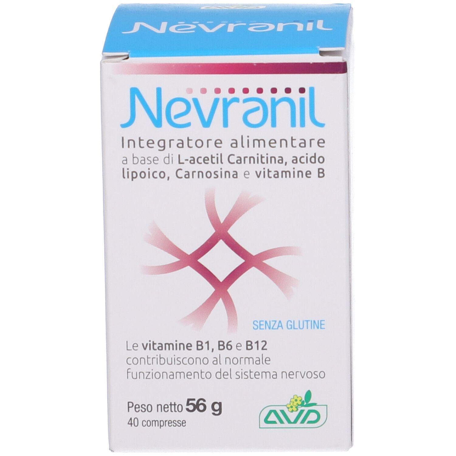 Scatola di Nevranil. Contiene L-acetil carnitina, vitamina B. 40 compresse, 56 g. Senza glutine.