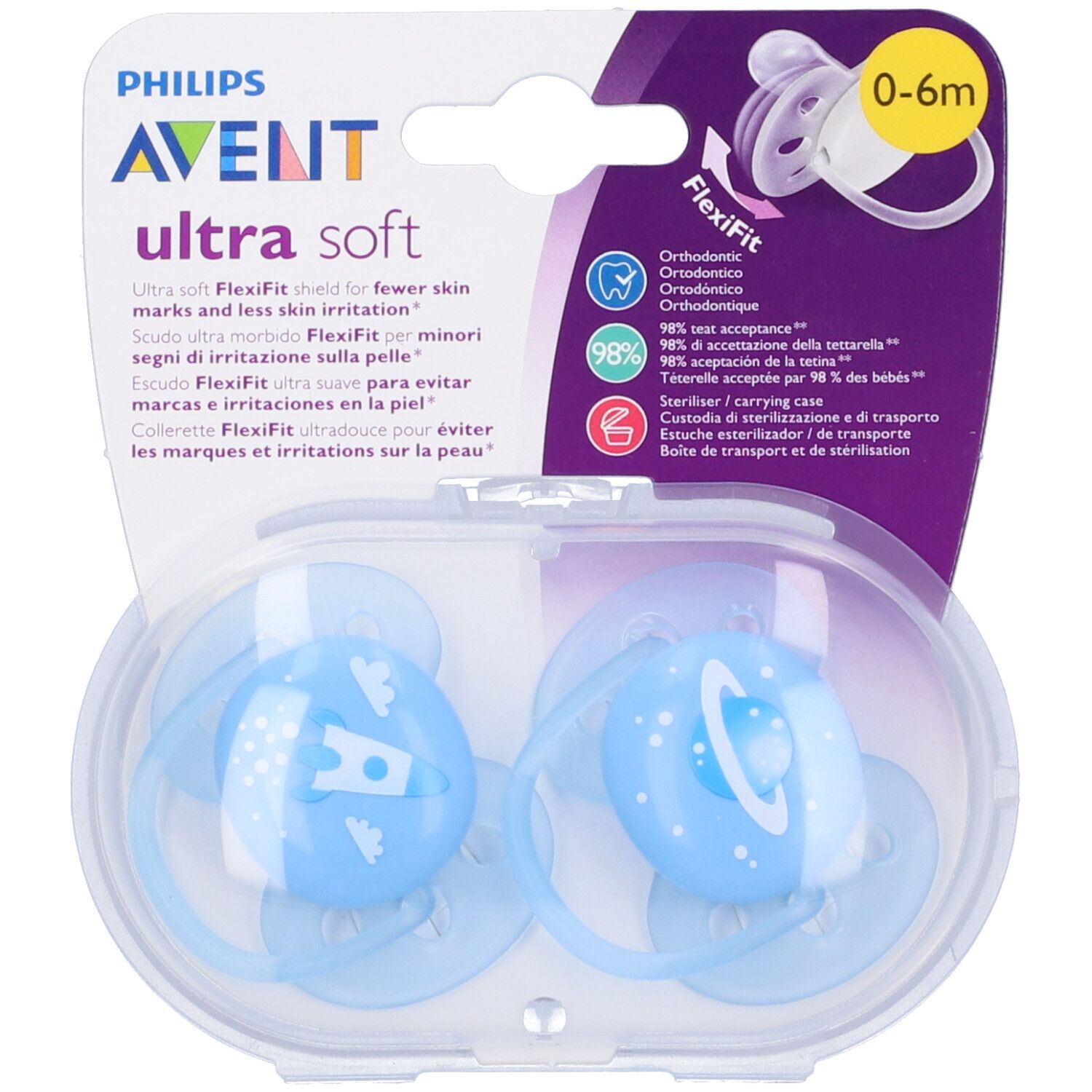 Confezione con due ciucci blu. Marchio Avent, ultra soft. Scudo FlexiFit. Età 0-6M. Include custodia per trasporto e sterilizzazione.