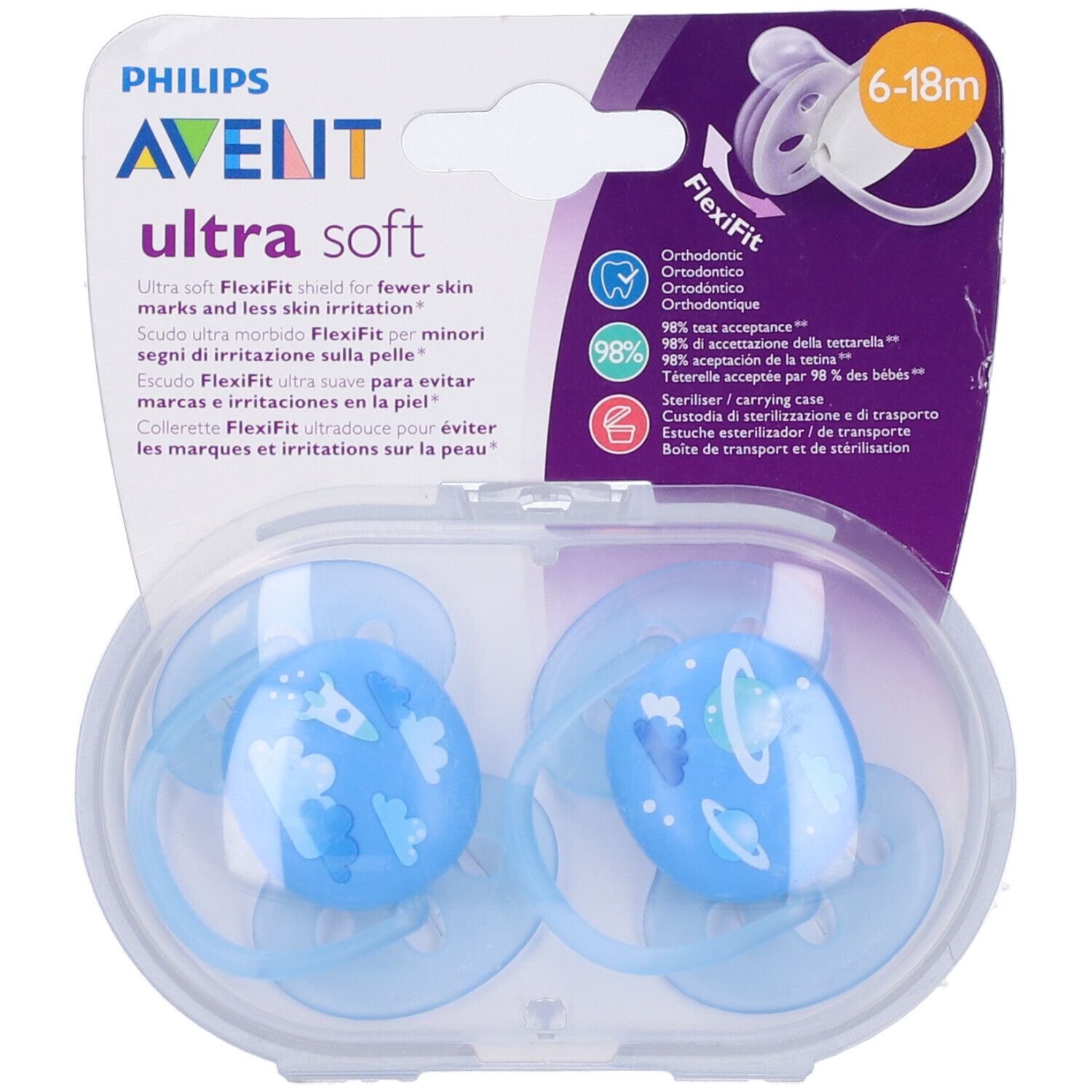 Confezione con due ciucci blu. Marchio visibile: Philips Avent. Scudo FlexiFit.