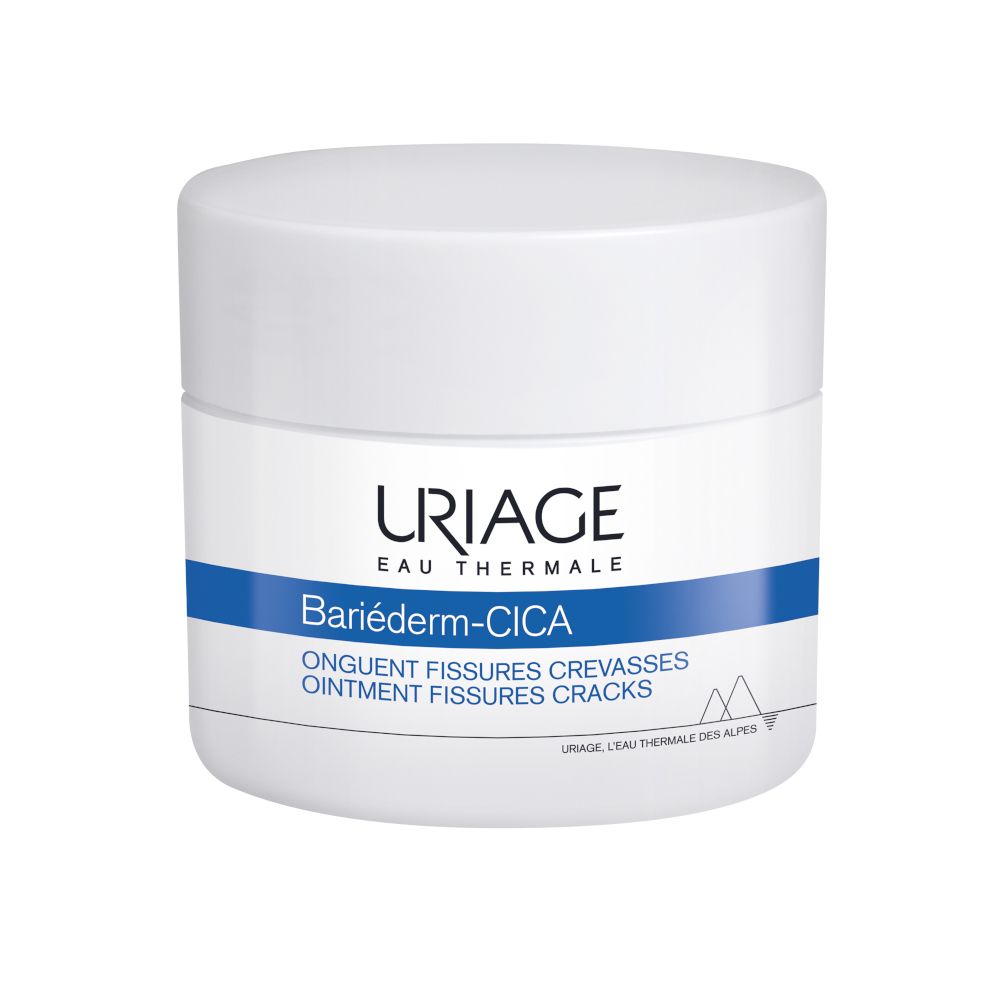 Vaso di crema bianco con coperchio. Fascia blu con URIAGE e nome del prodotto. Testo: Bariéderm-CICA.
