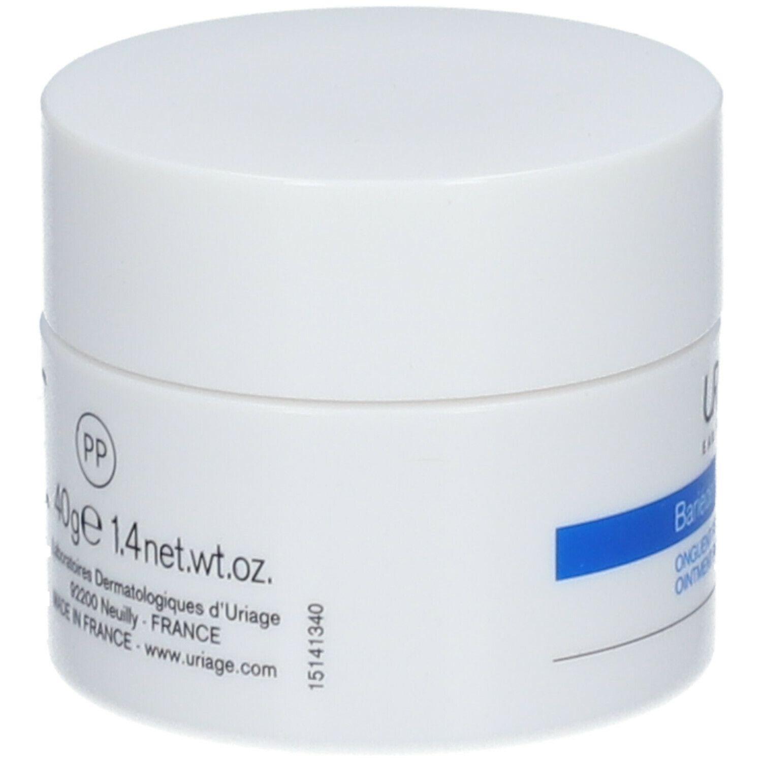 Retro del vaso di crema. Testo in più lingue. Indicazione di 40g e 1.4oz. Prodotto in Francia.