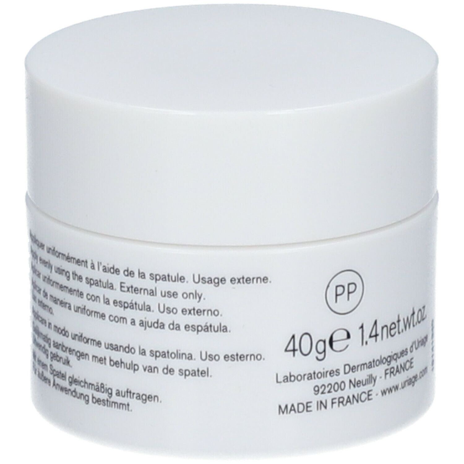 Retro del vaso di crema. Testo in più lingue. Indicazione di 40g e 1.4oz. Prodotto in Francia.