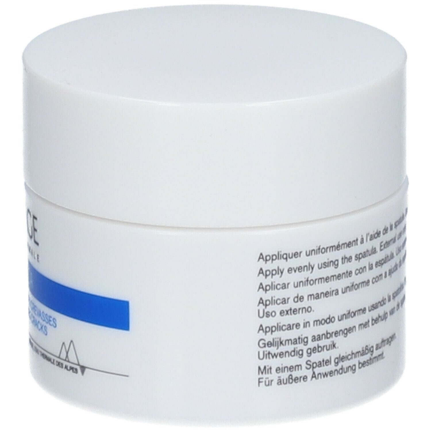 Vaso di crema bianco con coperchio. Fascia blu con URIAGE e nome del prodotto. Testo: Bariéderm-CICA.