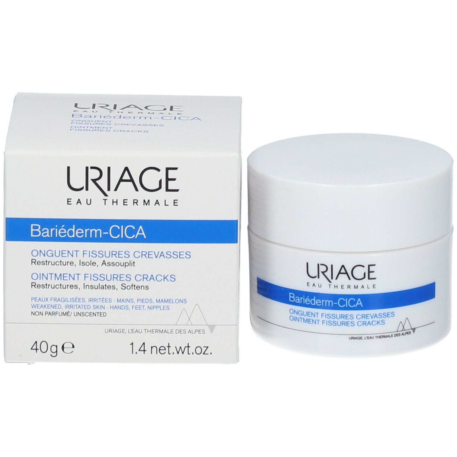 Scatola. URIAGE e nome del prodotto. Testo: Bariéderm-CICA. 40g e 1.4oz. Testo: Onguent fissures crevasses.