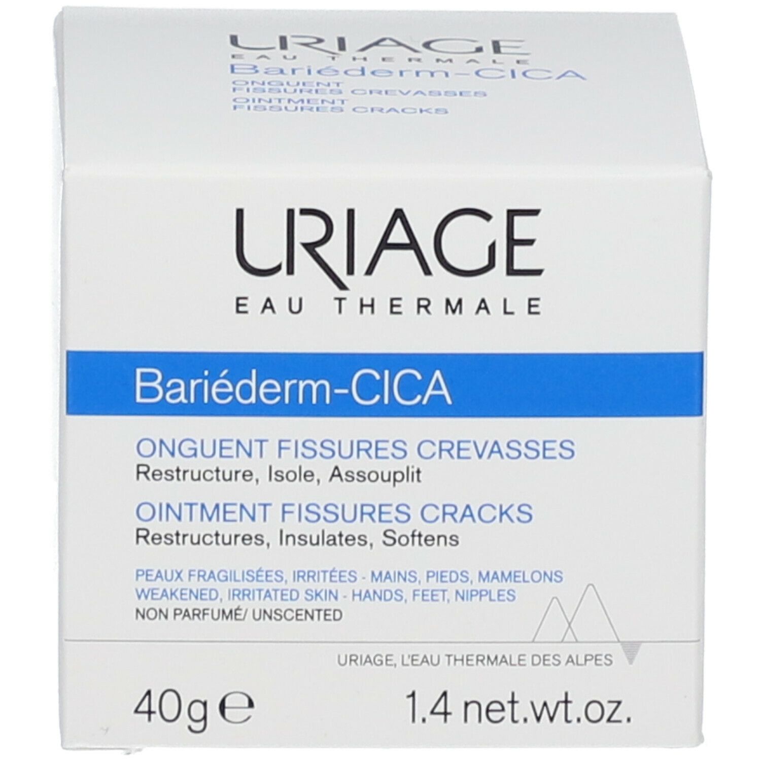 Vaso di crema bianco con coperchio. Fascia blu con URIAGE e nome del prodotto. Testo: Bariéderm-CICA.
