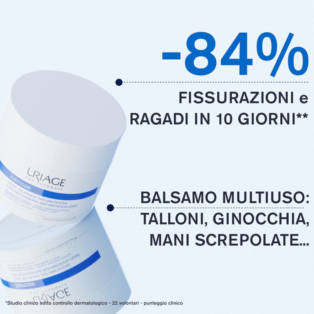 Due vasetti di crema. Testo: -84% Fissurazioni e ragadi in 10 giorni. Balsamo multiuso: talloni, ginocchia, mani screpolate...