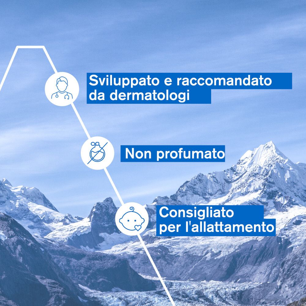 Grafico con testo. Testo: Sviluppato e raccomandato da dermatologi. Non profumato. Consigliato per l'allattamento.