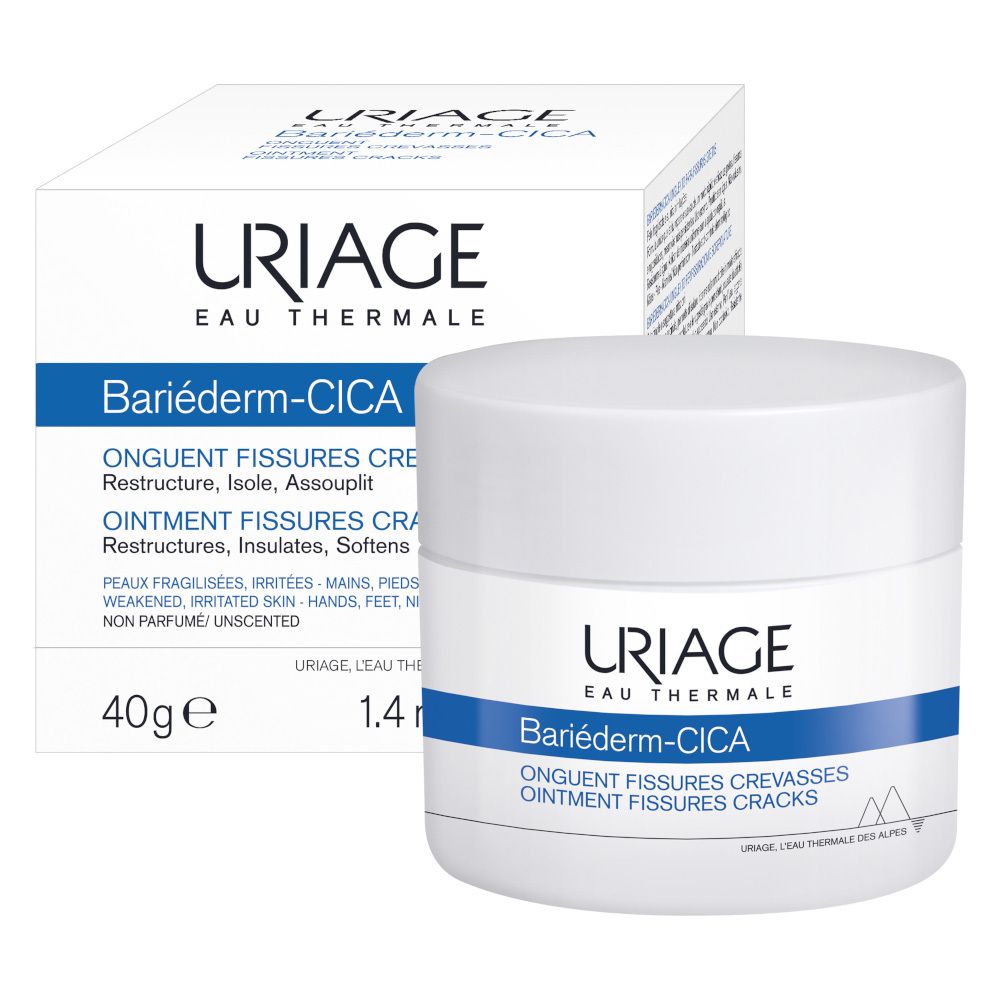 Vaso di crema e scatola. URIAGE e nome del prodotto. Testo: Bariéderm-CICA. 40g e 1.4oz.