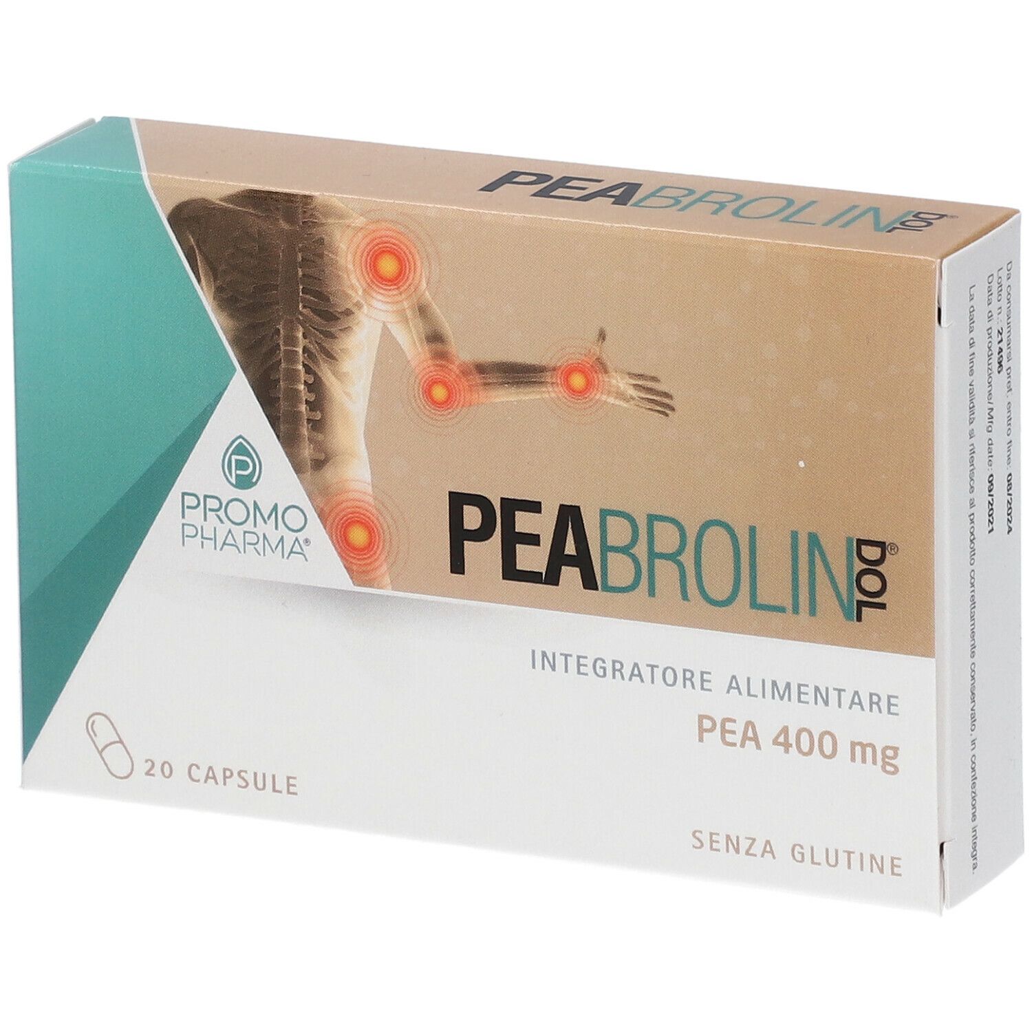 Scatola PEABROLIN Dol, 20 capsule. Scritto: PEA 400 mg, senza glutine. Illustrazione scheletro con punti dolore.