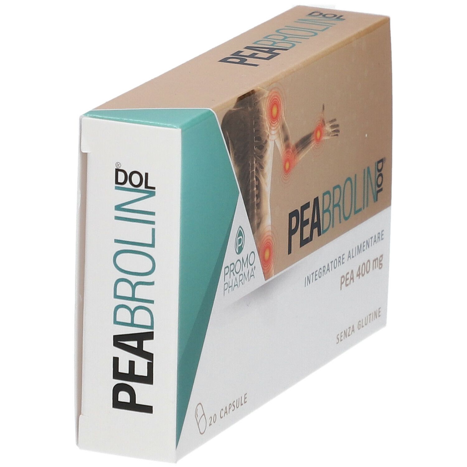 Scatola PEABROLIN Dol, 20 capsule. Scritto: PEA 400 mg, senza glutine. Vista dall'alto.